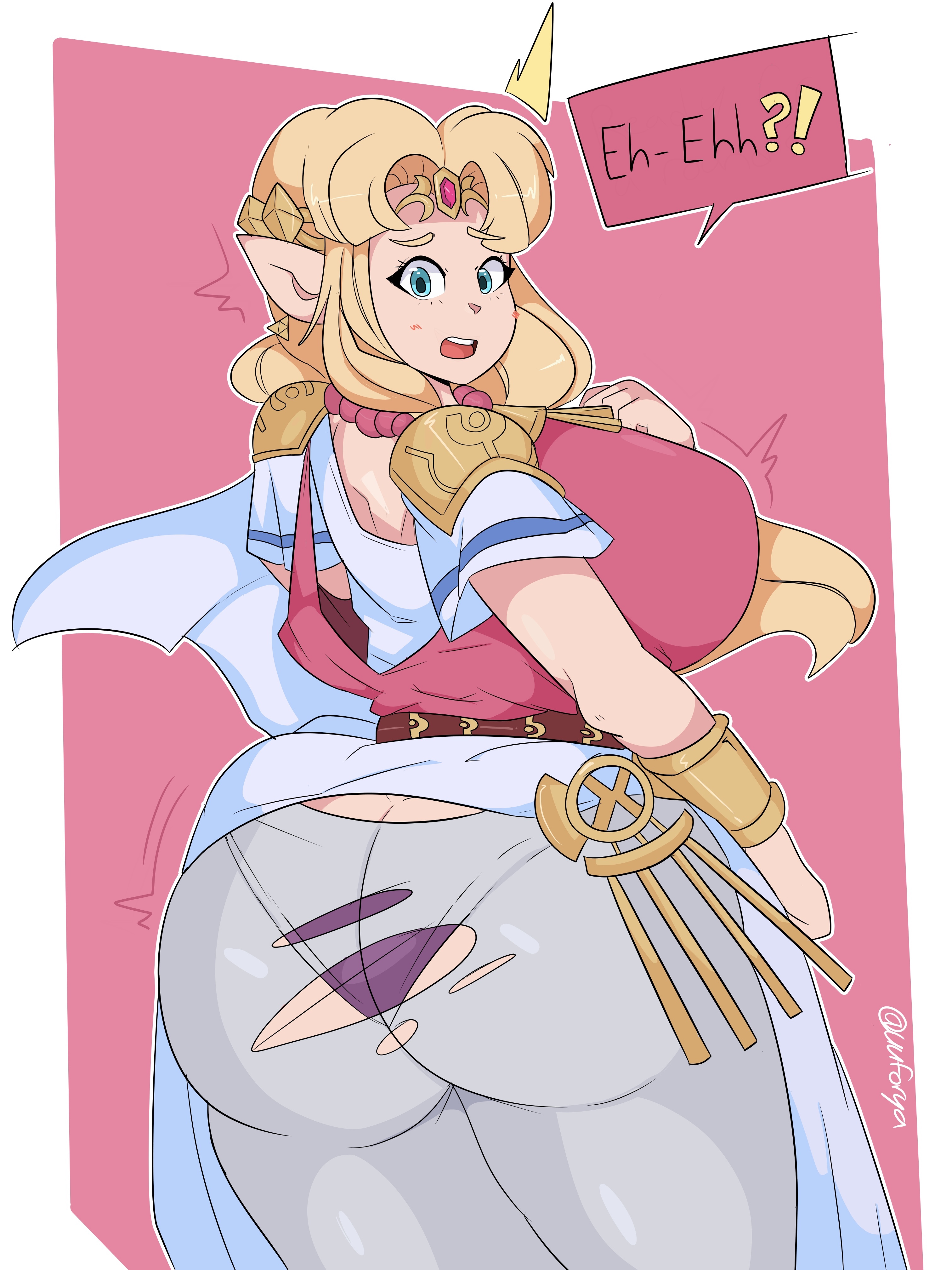 1girls, a link between worlds, absurd res, absurdres, alternate version available, artist name, artist signature, ass, ass cleavage, ass crack, ass focus, big ass, big breasts, big butt, blonde hair, blue eyes, blush, bottom heavy, bracelet, breasts, bubble ass, bubble butt, busty, butt crack, curvy, dress, fat ass, fat butt, female, female focus, female only, fully clothed, hi res, high resolution, highres, huge ass, huge breasts, huge butt, large ass, large breasts, large butt, light skin, light-skinned female, long ears, long hair, looking at viewer, looking back, nintendo, panties, pointy ears, princess zelda, purple panties, purple underwear, ripped clothing, ripped pants, sideboob, simple background, solo, solo female, solo focus, super smash bros., tagme, the legend of zelda, thick ass, thick thighs, thighs, top heavy, torn clothes, torn clothing, torn legwear, torn open bottoms, twitter username, underwear, uuforya, voluptuous, wardrobe malfunction, wide hips, zelda (a link between worlds)