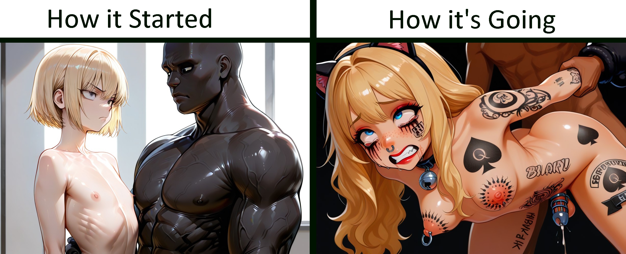 ai generated, anal, anal bride, anal rape, anal sex, anal slave, before and after, beginning of the rest of your life, bell collar, blacked, blacked tattoo, blonde hair, blue eyes, bottom cums first, brown eyes, caged, caged cock, caged penis, cat bell, cat ears, cat ears hairband, cat paws, caucasian, chastity cage, chastity device, clenched teeth, collar, crying, crying with eyes open, cumming, cumming from anal sex, cumming while penetrated, defiant, domesticated, dominant, dominant male, dominated male, domination, enslaved, forced, forced anal, forced feminization, forced homosexuality, forced orgasm, forced sex, forced transition, from behind, from behind position, futaboy, gay, gay anal, gay domination, gay rape, gay sex, gritted teeth, helpless, helpless male, holding arms back, hopeless, hormone breasts, hrt, humiliated, humiliating, humiliating tattoo, humiliation, interracial, interracial domination, interracial sex, lipstick, locked cock, long hair, male on futa, maledom, muscular, nipple piercing, nipple rings, nipples, no escape, no girls allowed, no longer male, nose piercing, nose ring, penis size difference, pixivaq, powerless, prison guard position, qos, qos tattoo, queen of spades, queen of spades symbol, rough sex, running makeup, running mascara, runny makeup, runny mascara, scared, scared expression, sex slave, short hair, sissification, sissy, sissyfication, sissygasm, size difference, slave, stern expression, tattoo, this is your life now, transformation, transwoman, twink, virgin, wavy hair, yaoi, yaoi rape