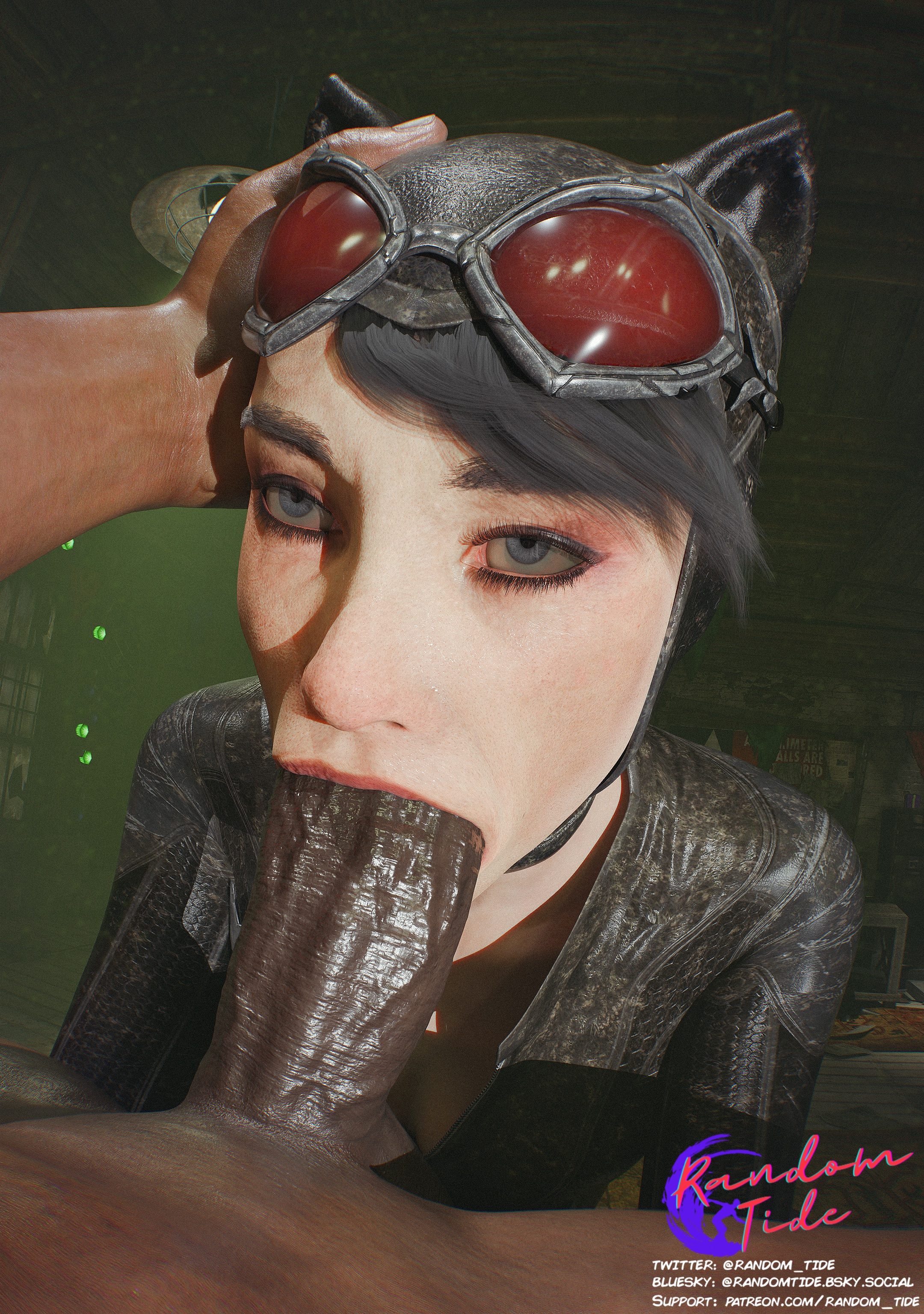 1boy, 1boy1girl, 1girls, 3d, alternate version available, batman (series), batman: arkham knight, big penis, blowjob, catwoman, catwoman (arkham knight), catwoman (arkham), dark skin, dark-skinned male, dc comics, fellatio, hand on head, interacial sex, interracial, light-skinned female, pale skin, pale-skinned female, random tide, selina kyle