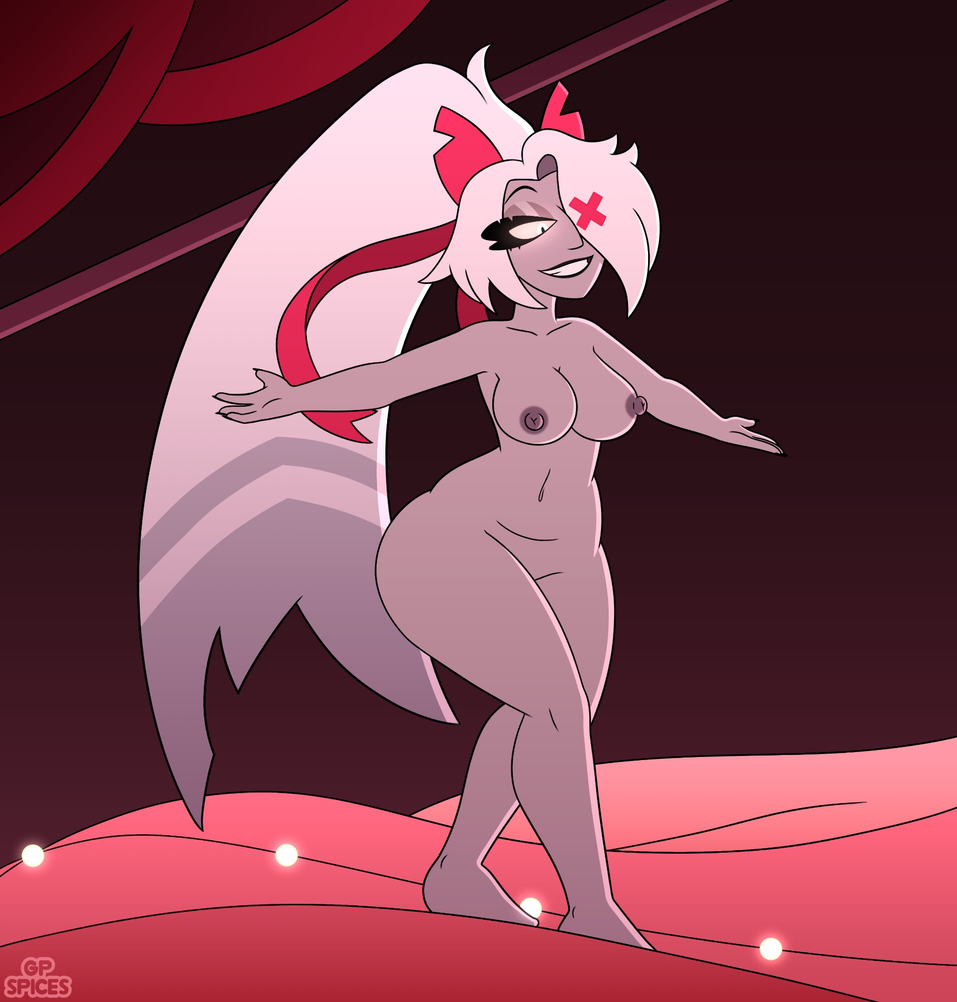 1 eye, 1girls, 4 fingers, amazon prime, angel, angel girl, ass, big ass, big hips, big thighs, birthday gift, bow, bowtie, breasts, breasts out, commentary, commentary request, commissioner upload, dancing, eyepatch, female, female only, fingernails, gift art, gp spices, hazbin hotel, hazbin hotel (season 2), hips, latina, latina female, long hair, naked, naked female, nipples, pink eyes, ponytail, reference image, shaking ass, shaking butt, smile, smiling, tagme, teeth, teeth showing, vaggie, vaggie (hazbin hotel), white hair, x eye, x scar, yellow eyes