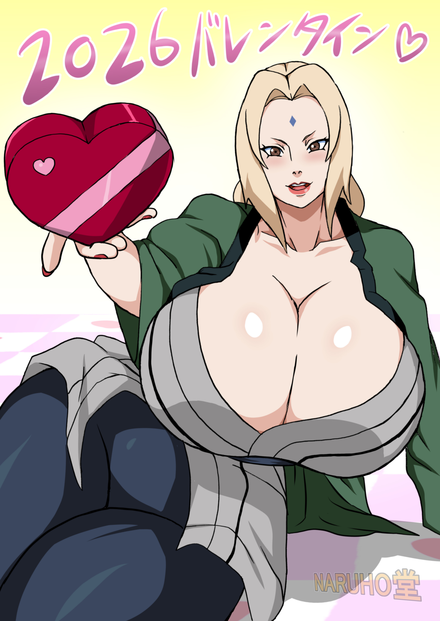 blonde female, cleavage, female, female only, gilf, huge breasts, mature female, milf, naruho, naruto (series), pinup, tsunade, valentine's day, voluptuous female