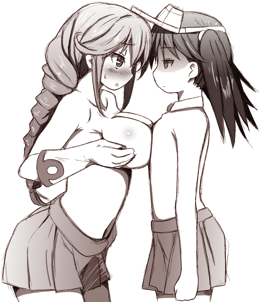 10s 2girls asymmetrical_docking blush braid breast_envy breast_press breasts clenched_hand commentary_request cowboy_shot empty_eyes eye_contact flat_chest from_side gloves jitome kantai_collection large_breasts long_hair looking_at_another monochrome multiple_girls navel naz noshiro_(kantai_collection) pleated_skirt ponytail ryuujou_(kantai_collection) shaded_face skirt topless twintails visor_cap white_gloves yuri