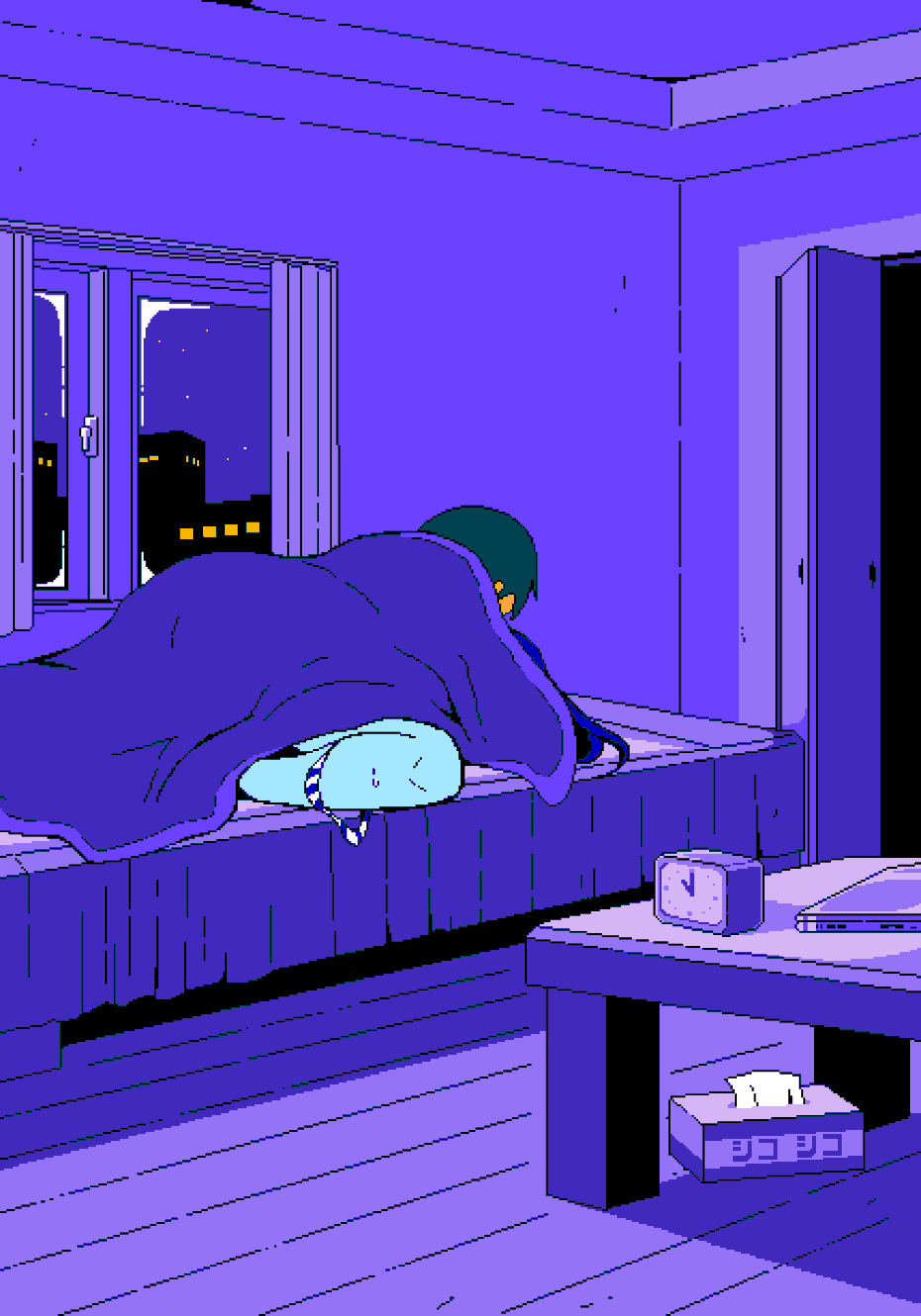 1boy 1girls 2d ambiguous_penetration animated bed bedroom bikini bikini_around_one_leg blanket blue_body blue_skin boy_on_top clock game_cg ghost ghost_(jermaneels) ghost_girl implied_vaginal jermaneels long_hair loop looping_animation missionary_position pixel_animation pixel_art sex string_bikini strip_rock-paper-scissors_-_ghost_edition striped_bikini thick_thighs thighs tissue_box under_covers window