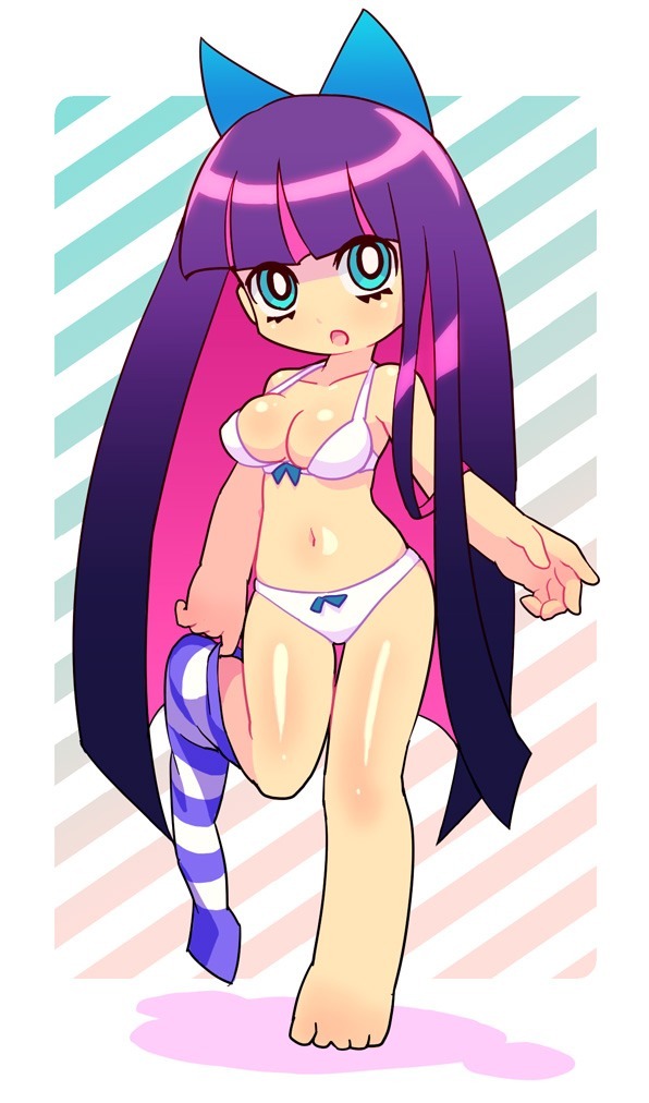 bow bra, bow panties, bra, female, female only, full body, light skin, light-skinned female, open mouth, panties, panty & stocking with garterbelt, purple hair, solo, solo female, stocking anarchy, stockings, thighhighs, undressing
