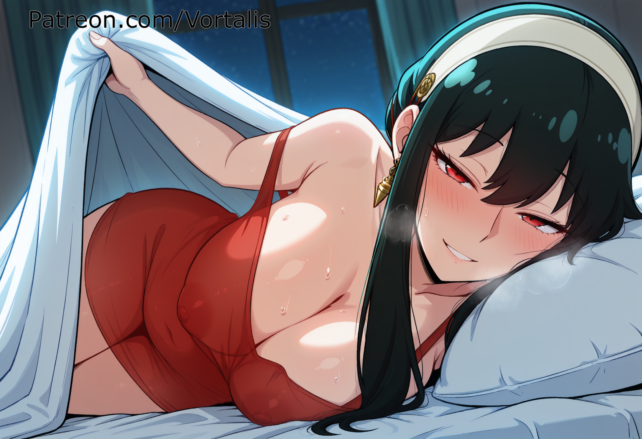 ai generated, bangs, bare shoulders, bed sheet, black hair, blush, breasts, breath, cleavage, covered nipples, dress, earrings, female, hairband, jewelry, large breasts, long hair, looking at viewer, lying, on bed, on side, pillow, red eyes, sidelocks, smile, solo, spy x family, sweat, under covers, vortalis, window, yor briar, yor forger