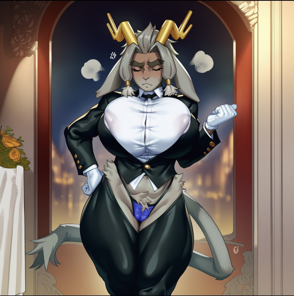 1girls, 2d, ai generated, anger vein, animal ears, animal nose, areola, areolae, ass, big ass, big breasts, big butt, big thighs, black bow, black bowtie, black jacket, black pants, black suit, blue panties, blurry, blush, bow, bowtie, breasts, butler, buttons, cameltoe, clenched hand, closed eyes, closed mouth, collared shirt, covered nipples, cowboy shot, embarrassed, female, female only, flower, formal, furry, furry female, gloves, goat ears, goat girl, grey hair, hand on own hip, hand up, horns, huge breasts, indoors, jacket, large ass, large breasts, large butt, large thighs, long sleeves, massive breasts, nipple bulge, nipples, nipples visible through clothing, nose blush, onilapper, pant suit, panties, pants, pseudoregalia, puff of air, puffy nipples, shirt, sidelocks, snout, solo, solo female, standing, suit, sybil (pseudoregalia), tail, thick ass, thick butt, thick thighs, thighs, traditional bowtie, tuxedo, underwear, white gloves, white shirt, wide hips, window, yellow horns