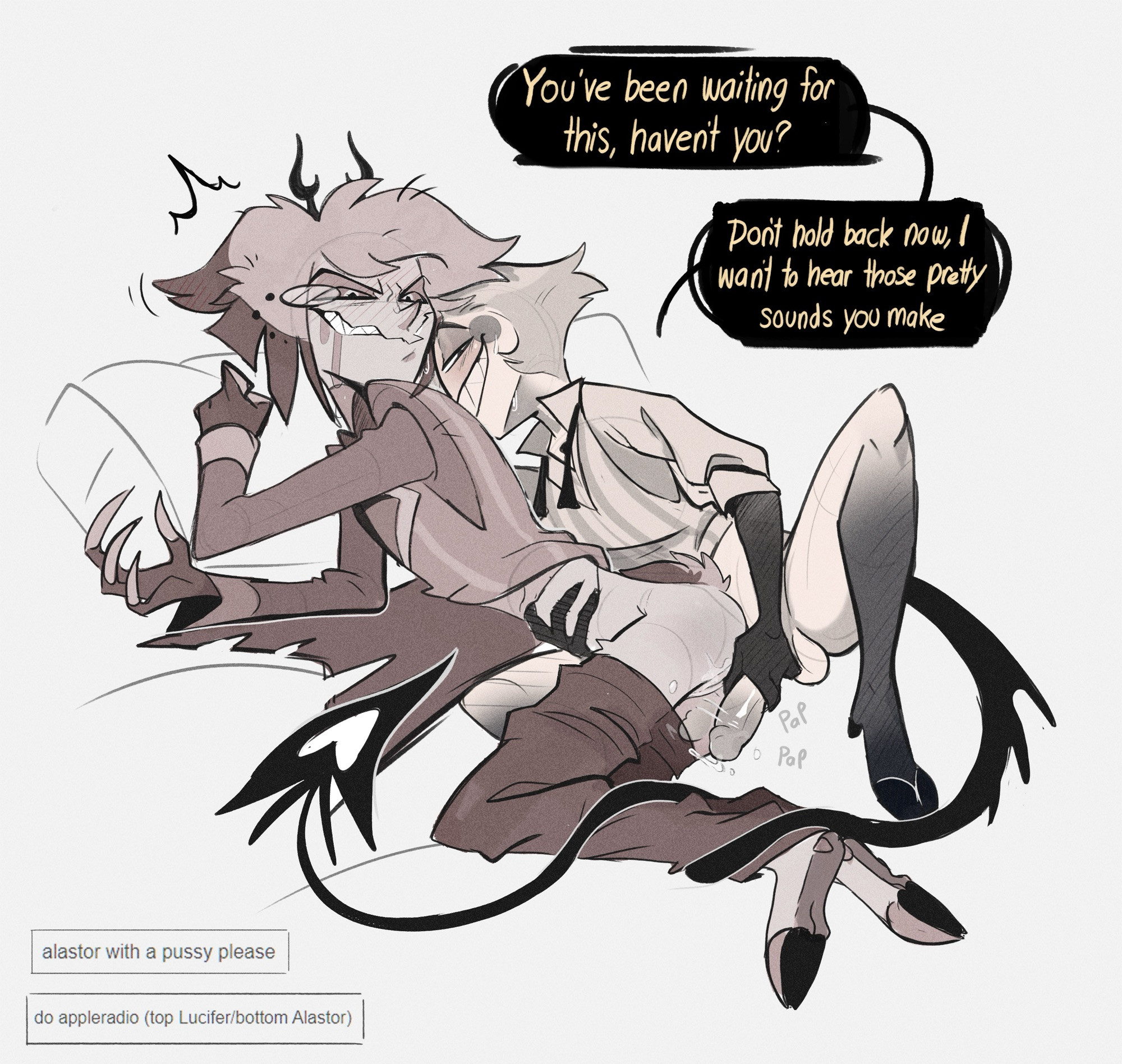 1boy, 1cuntboy, 2boys, alastor (hazbin hotel), animal ears, balls, big penis, blush, blush lines, blushing, craxkers, cuntboy, cuntboy/male, demon tail, english, english text, fluffy tail, from behind, gay, hazbin hotel, hooves, lucifer morningstar (hazbin hotel), monocle, penis, pussy, sharp teeth, simple background, speech bubble, tail, thick thighs, yaoi