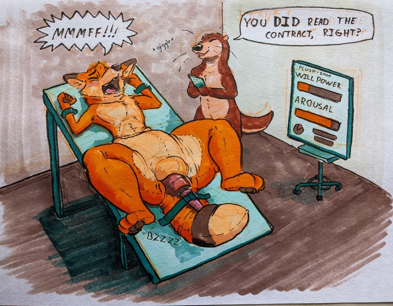 ambiguous_gender anthro blush duo lutrine male mammal mustelid null_bulge plushification sex_toy sushiotter_(artist) teasing traditional_media_(artwork) transformation vibrator