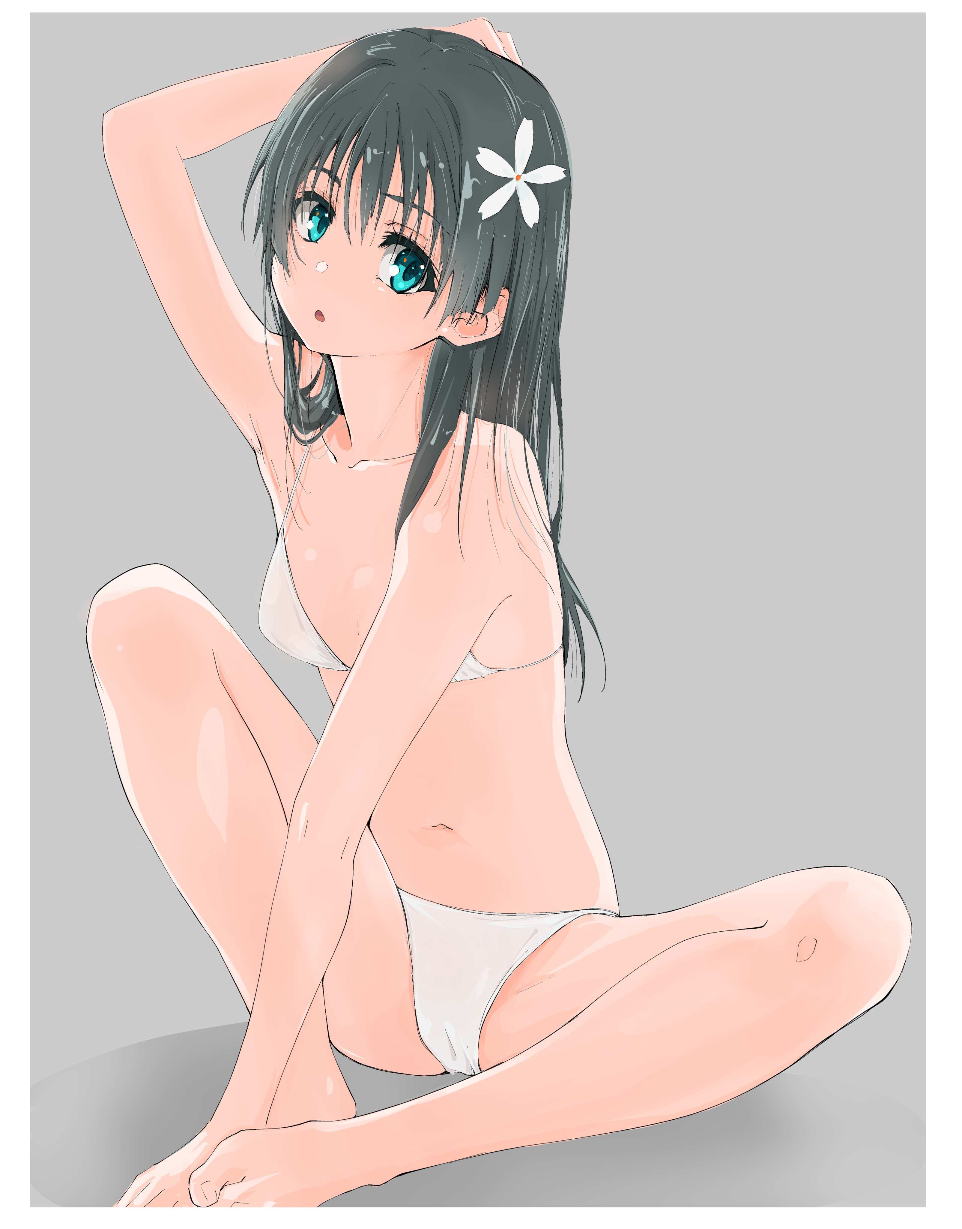 :o, 1girls, 2d, 2d (artwork), 2d artwork, almost naked, almost nude, arm behind head, armpit, armpit peek, armpits, bare armpits, bare arms, bare belly, bare calves, bare chest, bare hands, bare hips, bare knees, bare legs, bare midriff, bare navel, bare shoulders, bare skin, bare thighs, bare toes, barefoot, belly, belly button, bikini, bikini bottom, bikini only, bikini top, black hair, black-haired female, blue eyes, blue-eyed female, breasts, calves, collarbone, digital, digital art, digital drawing, digital drawing (artwork), digital media, digital media (artwork), drawing, elbows, exposed armpits, exposed arms, exposed belly, exposed chest, exposed hips, exposed legs, exposed midriff, exposed navel, exposed shoulders, exposed skin, exposed thighs, exposed toes, feet, female, female focus, female only, fingers, flower, flower hair ornament, flower in hair, flower on head, full body, grey background, groin, hair between eyes, hair ornament, halterneck, hand behind head, high resolution, high school student, highres, knee up, knees, lean figure, legs, legs apart, legs spread, long hair, looking at viewer, midriff, mostly nude, musaki (msaki666), naked, naked female, naked woman, narrow waist, navel, nearly nude, nipple bulge, nude, nude female, nudity, open mouth, parted lips, partially exposed vulva, partially visible vulva, petite, petite body, petite breasts, petite female, petite girl, petite tits, posing, posing for the viewer, posing naked, posing nude, practically nude, saten ruiko, school girl, schoolgirl, shoulders, simple background, sitting, sitting on ass, sitting on floor, sitting on ground, slender body, slender waist, slim female, slim waist, small breast, small breasts, smooth armpits, solo, spread legs, spreading legs, spreading thighs, string bikini, swimsuit, swimwear, teen girl, teenage female, teenage girl, teenager, thighs, tiny breasts, to aru kagaku no railgun, toes, white bikini, white bikini bottom, white bikini top, white swimsuit, white swimwear, young female, young woman