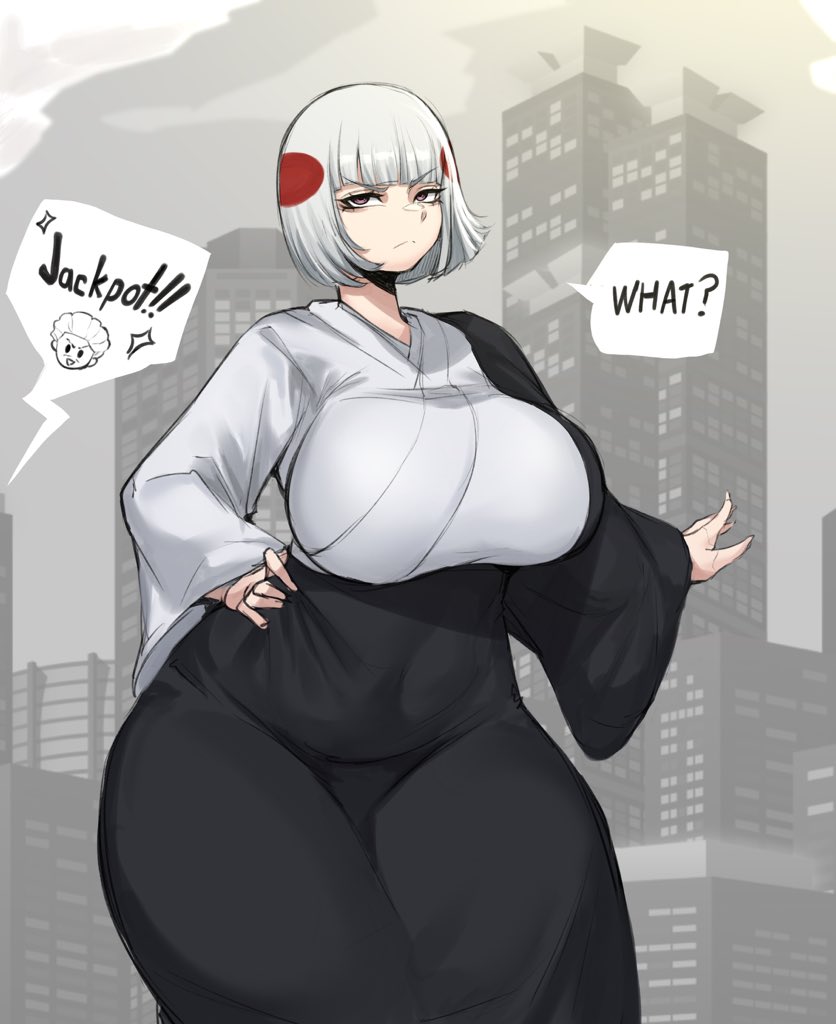 big ass, big breasts, confused, confused expression, confused look, hakari kinji, hourglass figure, hourglass figured female, huge breasts, huge thighs, imminent cheating, imminent netorare, imminent ntr, imminent sex, jackpot, jujutsu kaisen, kimono, large breasts, maimeetung, part 1, short hair, thick thighs, thighhighs, thighs, uraume, white hair