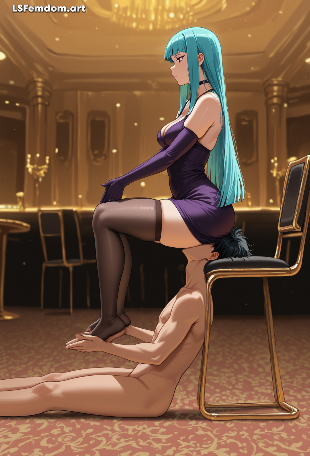 ai generated, aqua hair, ass on face, ass smothering, bare shoulders, blue hair, cfnm, choker, dominant female, dress, elbow gloves, faceless male, facesitting, female domination, female supremacy, femdom, fetish, footrest, footstool, forniphilia, from side, gloves, human chair, human furniture, human seat, humiliation, living furniture, long hair, lsfemdomart, me!me!me!, meme (me!me!me!), objectification, purple dress, purple outfit, sitting on face, sitting on person, slave, slave boy, stockings, submissive male