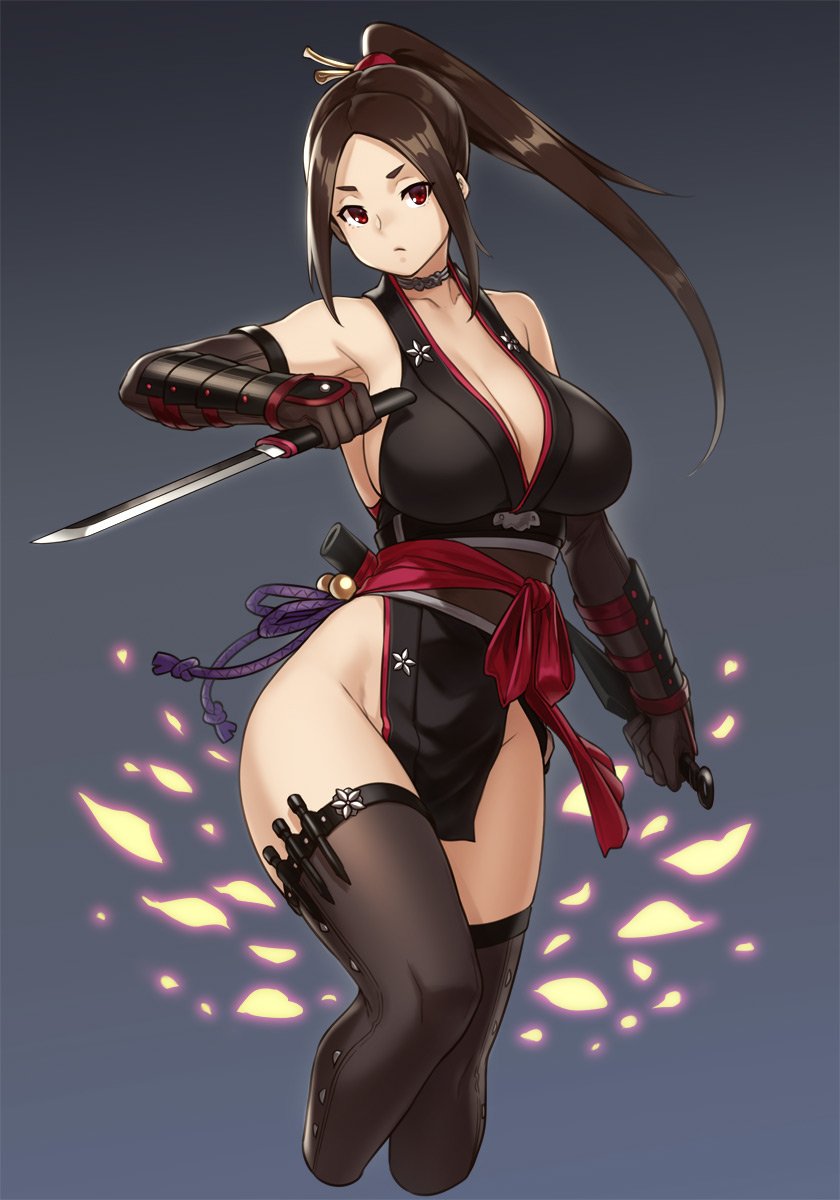 bangs, breasts, brown hair, choker, cleavage, clothed, elbow gloves, female, female only, gloves, hair ornament, houtengeki, kimono, long hair, looking at viewer, ninja, no panties, obi, original, ponytail, red eyes, sash, sheath, simple background, solo, thighhighs, weapon