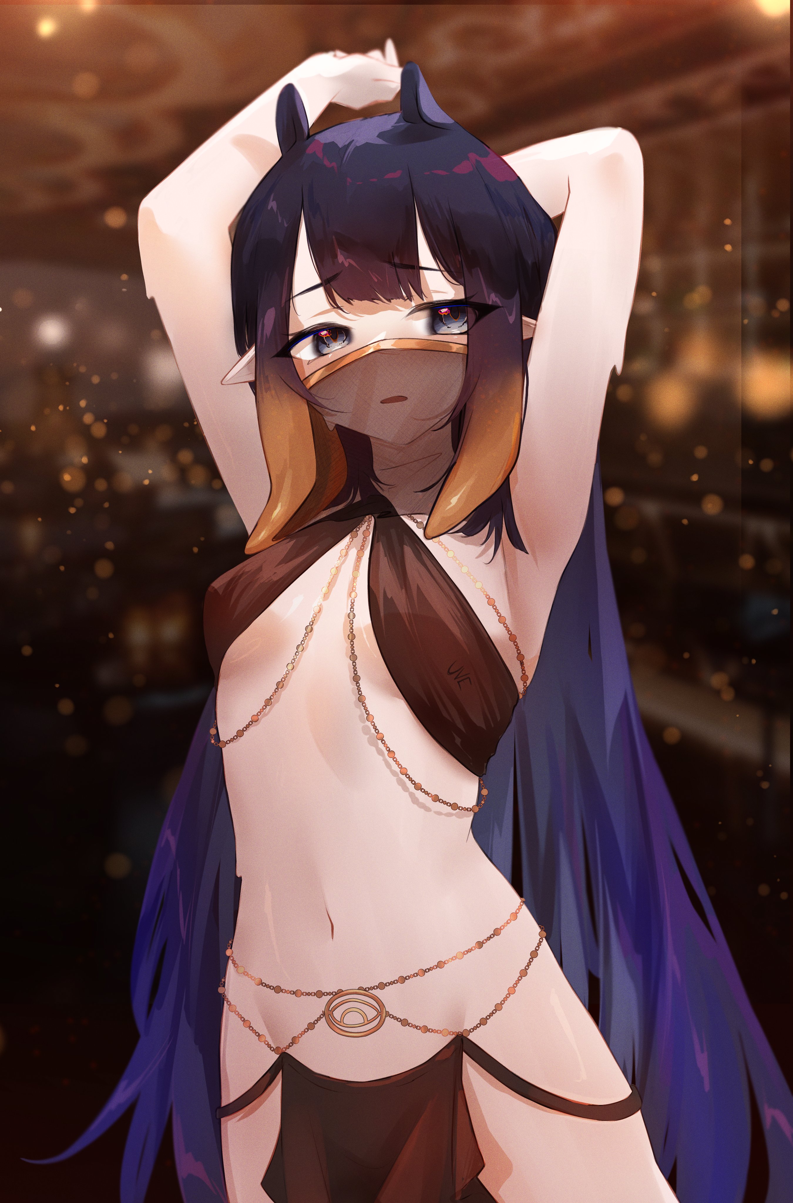 armpits, arms up, belly dancer, dancer outfit, embarrassed, female, female only, flat chest, hololive, hololive english, hololive myth, light-skinned female, long hair, ninomae ina'nis, pointy ears, purple hair, shy, uve, virtual youtuber