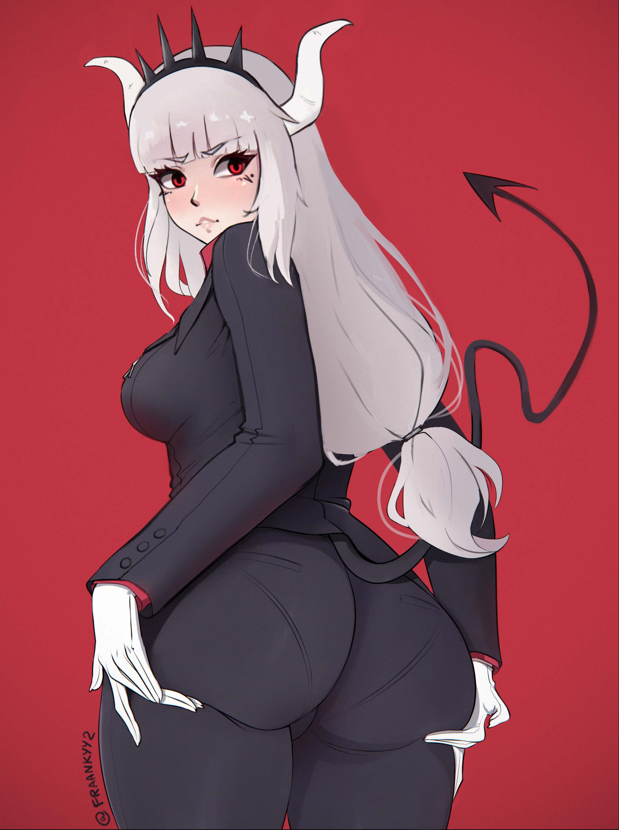 1girls, ass, ass focus, ass lift, ass support, backboob, big ass, breasts, business suit, demon, demon girl, demon horns, demon tail, female, female only, fraankyy, gloves, helltaker, horns, looking at viewer, lucifer (helltaker), pants, pantylines, red background, red eyes, solo, tail, thick ass, thick thighs, underwear outline, white gloves