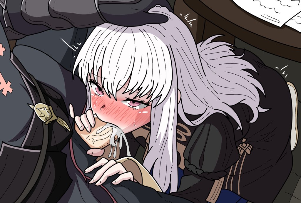 1boy, 1girls, adult and teenager, age difference, apoelayoshi7, ass, blowjob, byleth (fire emblem), byleth (fire emblem) (male), eyebrows visible through hair, fellatio, female, fire emblem, fire emblem: three houses, garreg mach monastery uniform, hair between eyes, long hair, long hair female, lysithea von ordelia, noblewoman, older male and younger female, teacher and student, teenage girl, teenager, under the table, white hair