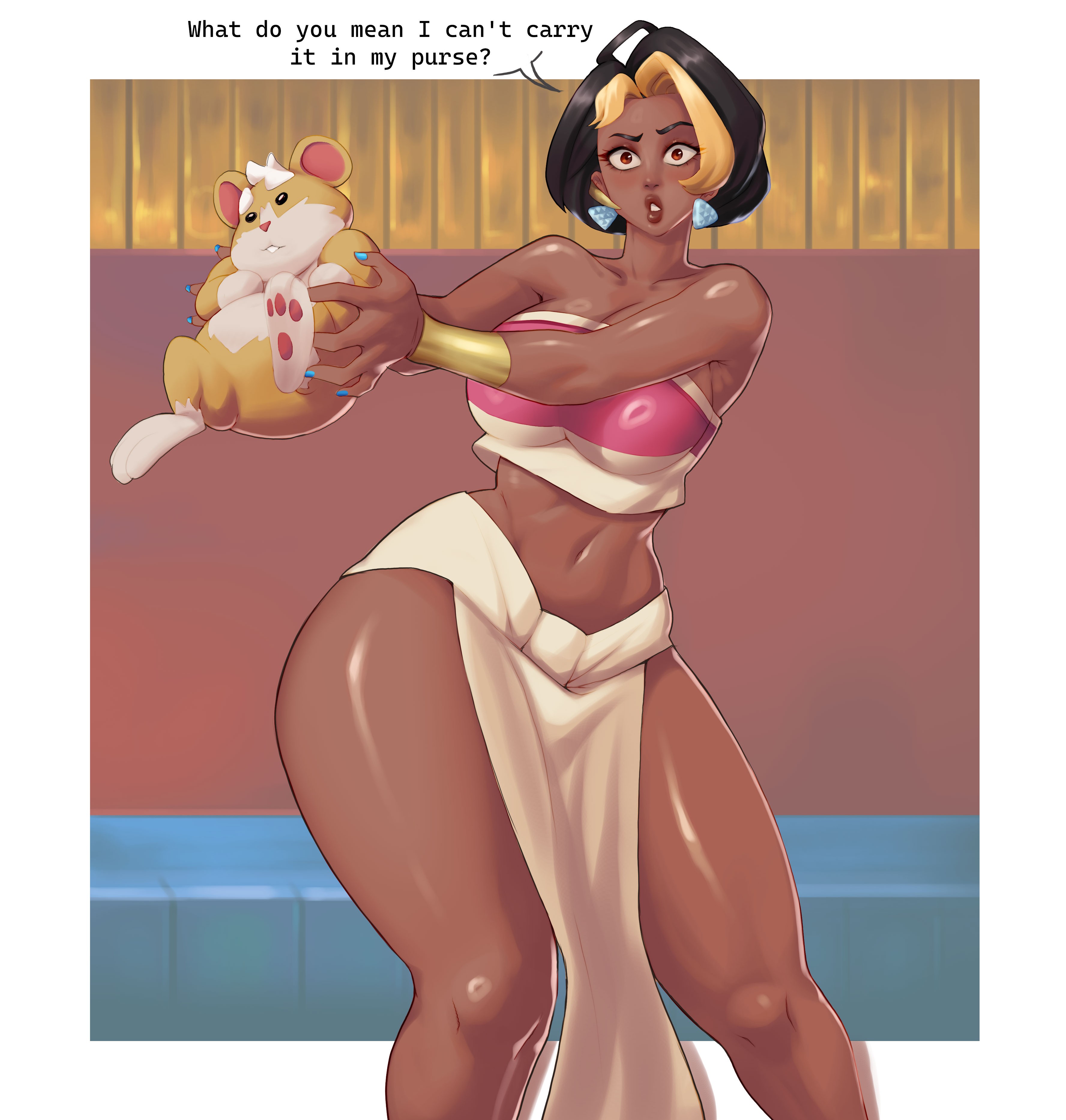 1boy, 1girls, big breasts, black hair, blizzard entertainment, blonde hair, breasts, brown eyes, chel (cosplay), cleavage, cosplay, croissama, curvy female, curvy hips, dark skin, dark-skinned female, domina, female, female focus, hammond (overwatch), indian, indian female, large breasts, male, multicolored hair, overwatch, overwatch 2, scene reference, short hair, solo focus, straining clothing, the road to el dorado, thick thighs, tight clothing, voluptuous, voluptuous female, wide hipped female, wide hips