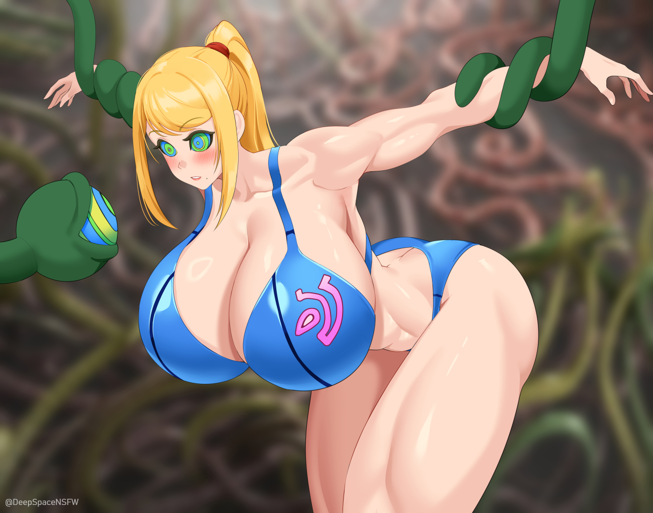 1girls, 2026, blonde hair, blurry background, blush, deepspace, eye contact, female, female only, green tentacles, huge breasts, hyper breasts, hypnosis, kaa eyes, long hair, metroid, mole, mole under mouth, nintendo, ponytail, restrained, restrained by tentacles, samus aran, solo, tentacle, tentacle eye, thick thighs