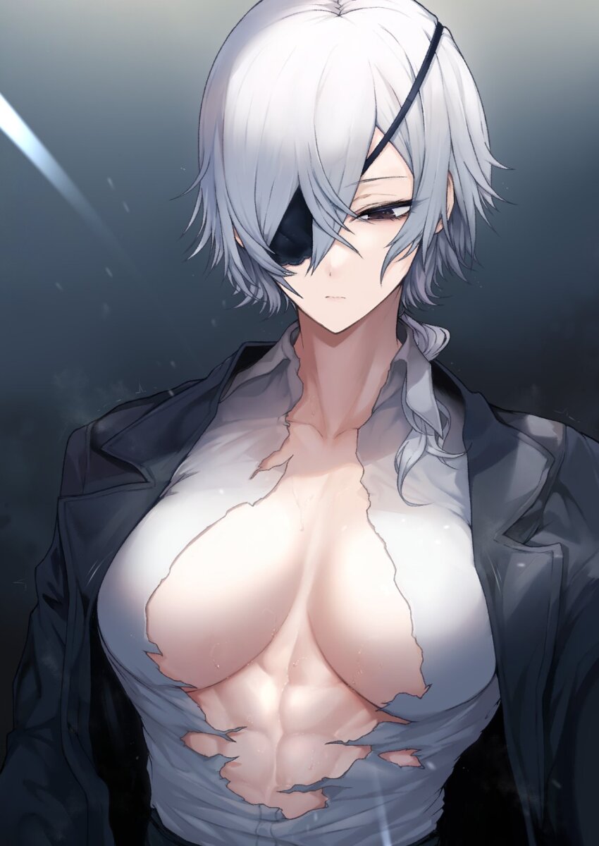 1girls, abs, absurdres, badass, breasts, brown eyes, chainsaw man, cleavage, expressionless, eyepatch, female, female in suit, female only, hair between eyes, highres, inner sideboob, jacket, large breasts, mommy, muscular, muscular female, no bra, ponytail, quanxi (chainsaw man), shirt, short hair, sideboob, simple background, solo, strong female, toned, toned female, torn clothes, torn shirt, tresmarrow, white hair, white shirt, woman in suit