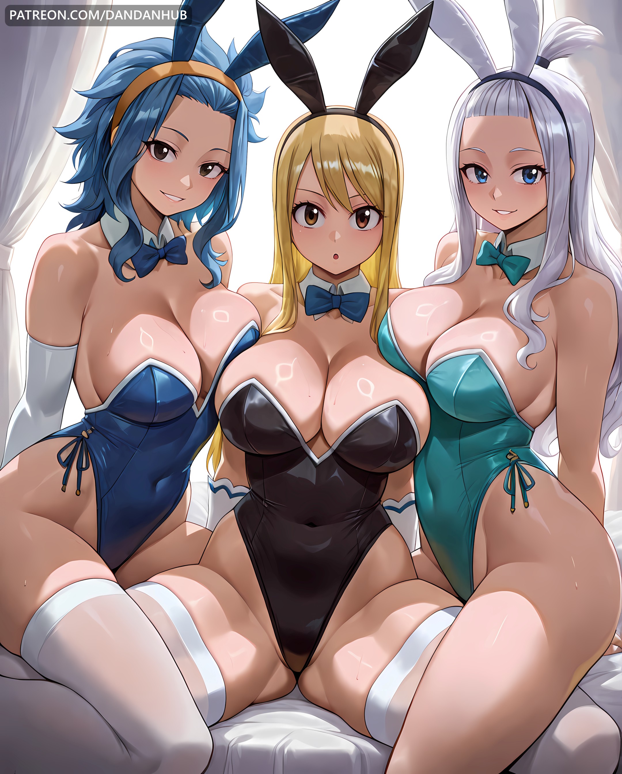3girls, ai generated, animal ears, bangs, bare shoulders, black leotard, blonde hair, blonde-haired female, blue bow, blue bowtie, blue eyes, blue hair, blue leotard, blush, bow, bowtie, breast press, breasts, brown eyes, cleavage, covered navel, dandanhub, detached collar, elbow gloves, fairy tail, fake animal ears, female, female only, forehead, gloves, grin, hairband, highleg, highleg leotard, large breasts, leotard, levy mcgarden, long hair, looking at viewer, lucy heartfilia, mirajane strauss, multiple girls, parted lips, rabbit ears, sitting, smile, thick thighs, thighhighs, thighs, white gloves, white hair, white thighhighs, white-haired female