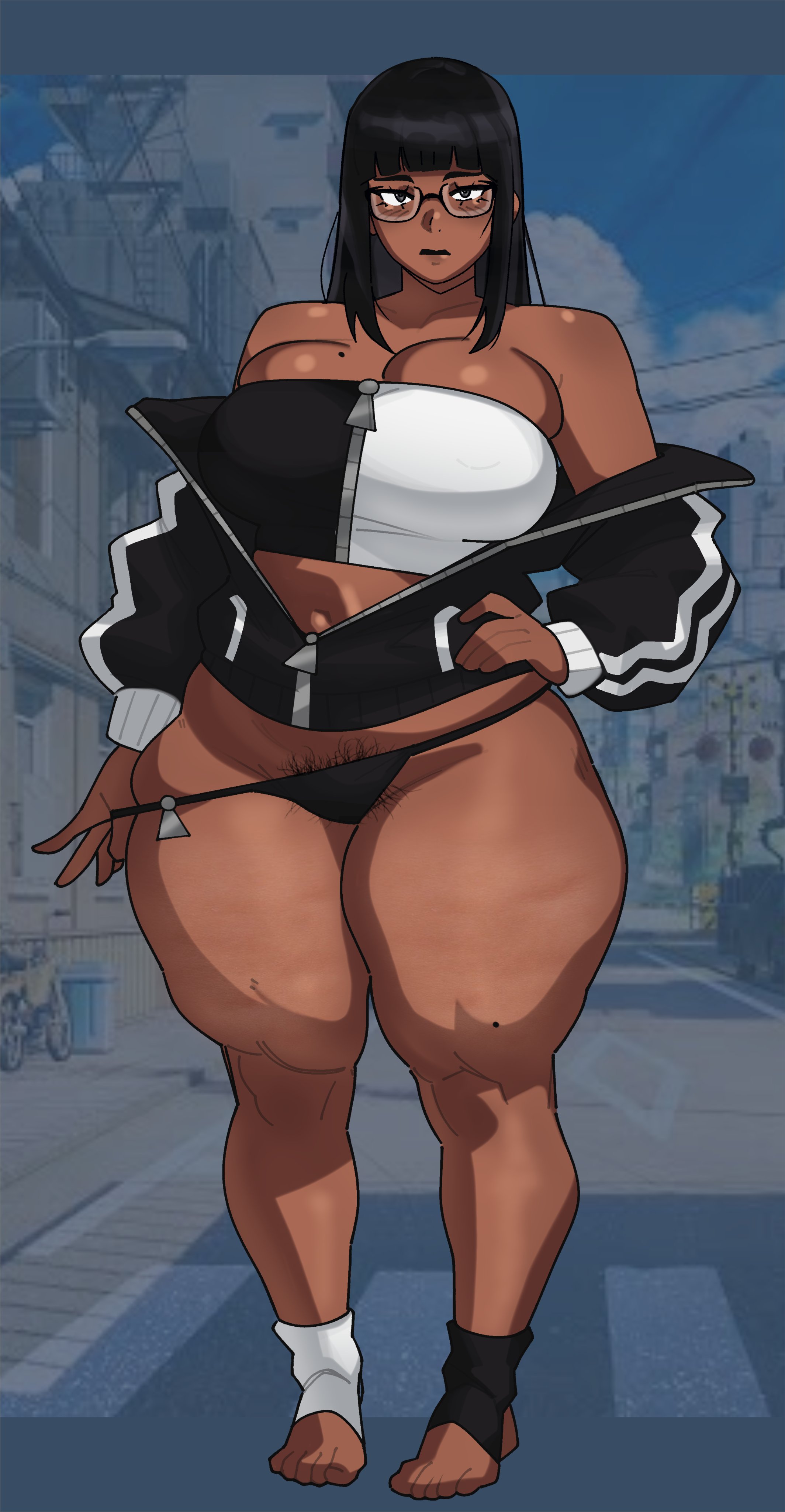 1girls, black hair, brown skin, brown skinned female, chubby, chubby female, chubby woman, dark skin, dark-skinned female, feet, glasses, johnjohnjohnny, johnv, pubic hair, pubic hair peek, solo, solo female, solo focus, straight hair, tan skin, tan skinned female, thick thighs