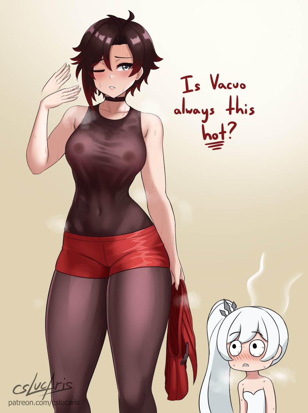 2girls, black hair, black hair female, breasts visible through clothing, clothes, cooling off, cslucaris, fanning self, female, female only, fit female, grey eyes, holding clothing, light-skinned female, looking at another, one eye closed, rooster teeth, ruby rose, rwby, short hair, short hair female, sweaty breasts, sweaty female, visible nipples, viz media, weiss schnee, white dress, white eyes, white hair, white hair female