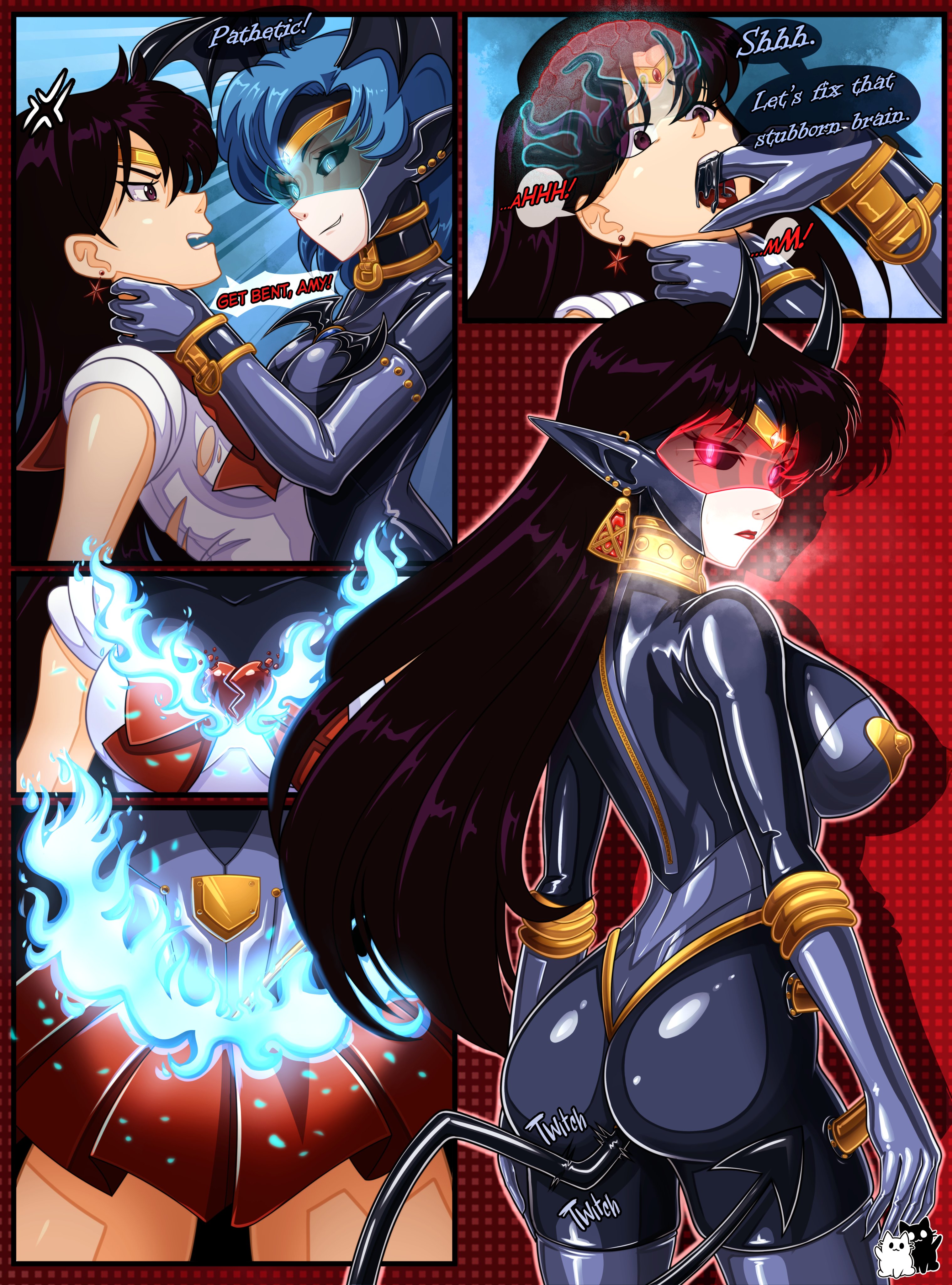 2girls, ami mizuno, bishoujo senshi sailor moon, black hair, black sclera, bodysuit, drone, dronification, elf ears, female, female only, horns, jpeg, long hair, mind control, red eyes, rei hino, rosvo, sailor mars, sailor mercury, tail, transformation