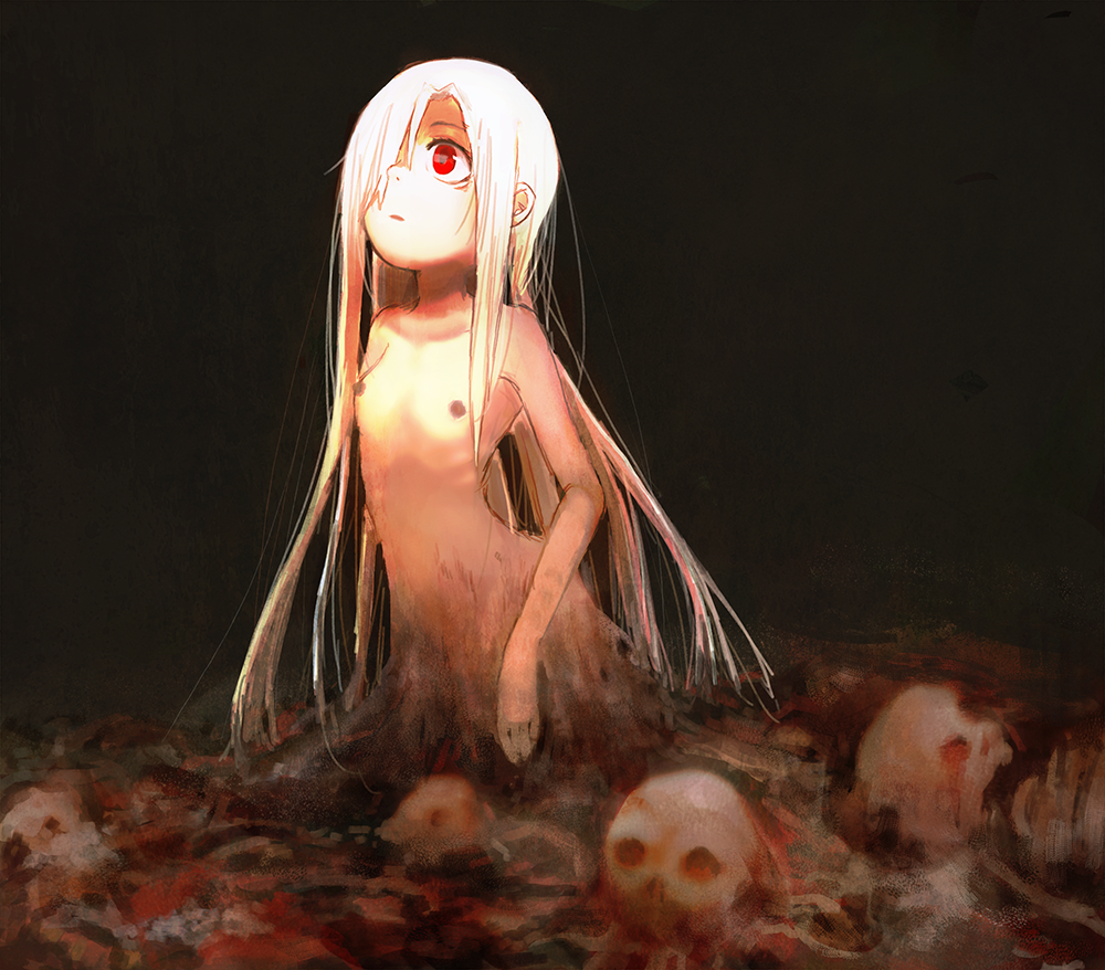 blood bone bones female flat_chest ghost ghost_girl gore guro hair_over_one_eye kareido_(kaleidoscope) long_hair nipples original red_eyes remains skull small_breasts solo white_hair