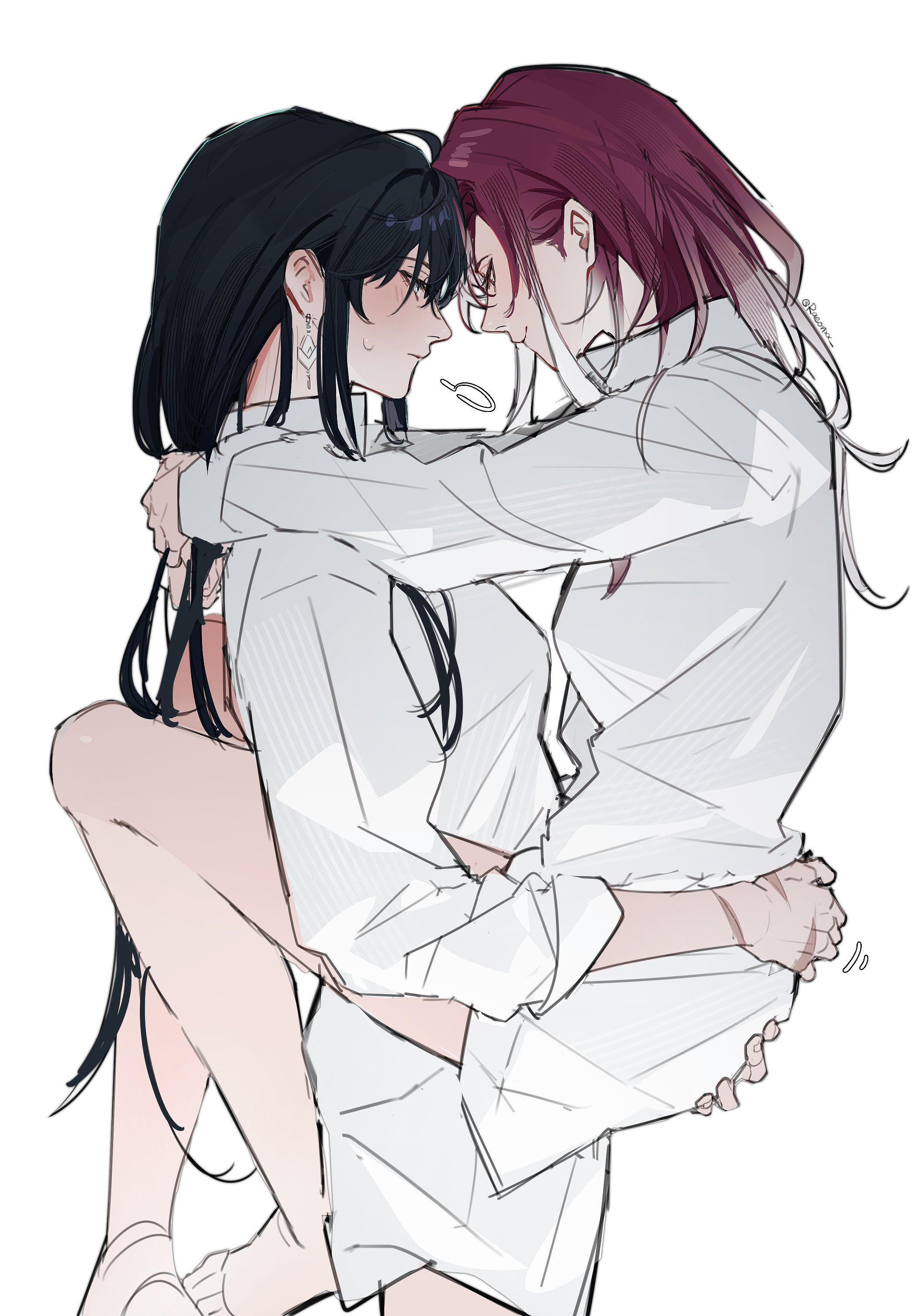 blush, carrying, carrying another, carrying partner, clothed, clothes, clothing, earring, earrings, female, female focus, female only, larger female, long hair, older female, path to nowhere, raeonxx, rahu (path to nowhere), scar, scars, scars on arm, shalom (path to nowhere), shirt, shirt only, shorter female, smaller female, taller female, younger female, yuri