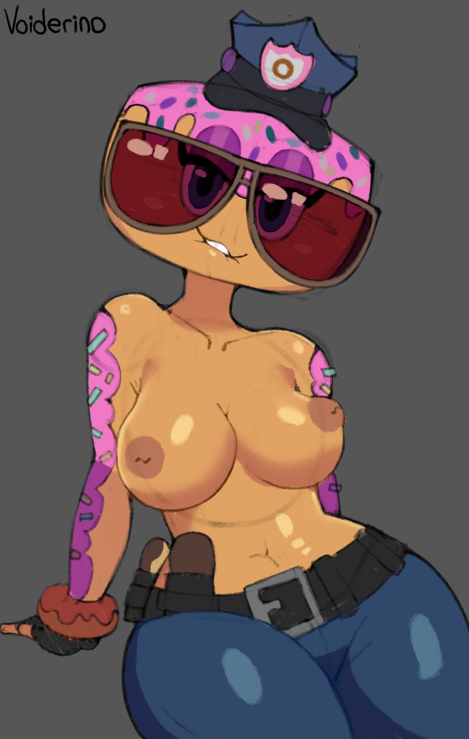1girls, 2026, anthro, areolae, artist name, bedroom eyes, big breasts, biting lip, biting own lip, blue eyes, breasts, child bearing hips, clothed, clothing, constable sprinkle, donut, doughnut, eyeshadow, female, female anthro, female only, fingerless gloves, food, food creature, food humanoid, fortnite, glasses, gloves, hat, hourglass figure, humanoid, inverted nipples, looking at viewer, nipples, non-human, nude, nude female, pants, partially clothed, police, police hat, police officer, policewoman, presenting, presenting breasts, seductive, seductive look, solo, sunglasses, thick thighs, thighs, topless, video games, voider (artist), voiderino, wide hips