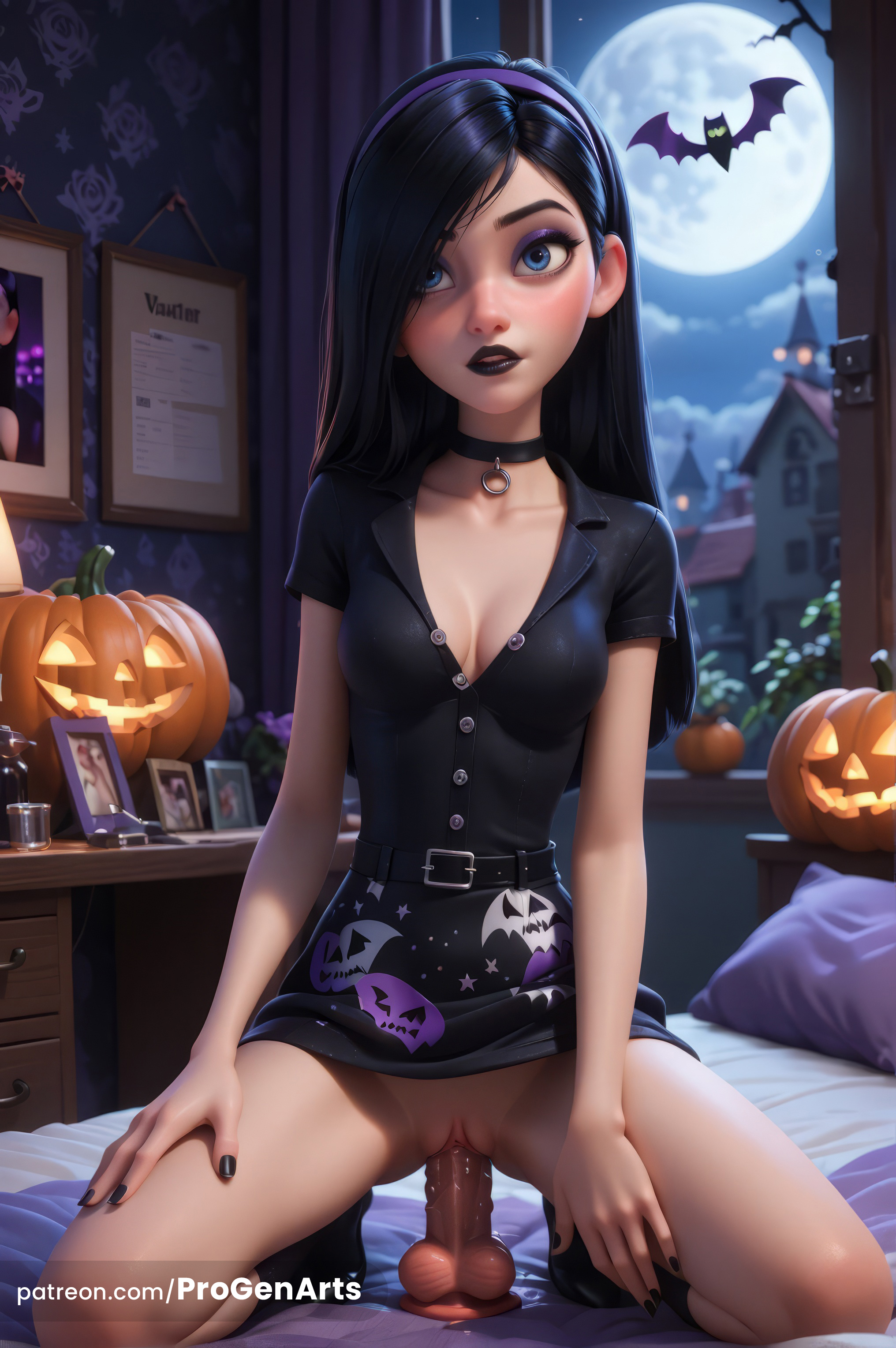 1girls, ai generated, artist name, bat (animal), bed, bedroom, belt, black choker, black dress, black hair, black lips, black nails, blue eyes, breasts, choker, cleavage, collarbone, dildo, dildo in pussy, dildo insertion, dildo riding, disney, dress, eyeshadow, female, female masturbation, full moon, goth fashion, goth girl, gumroad username, hairband, halloween, hi res, indoors, jack-o'-lantern, kneeling, lips, lipstick, long hair, looking at viewer, makeup, masturbation, medium breasts, moon, nail polish, night, no panties, nose, object insertion, on bed, patreon username, pixar, progenarts, pumpkin, pussy, pussy juice, sex toy, short sleeves, sky, small breasts, solo, superhero, superheroine, the incredibles, the incredibles 2, uncensored, vaginal insertion, vaginal masturbation, vaginal object insertion, vaginal penetration, vampire, violet parr, web address, window, younger female