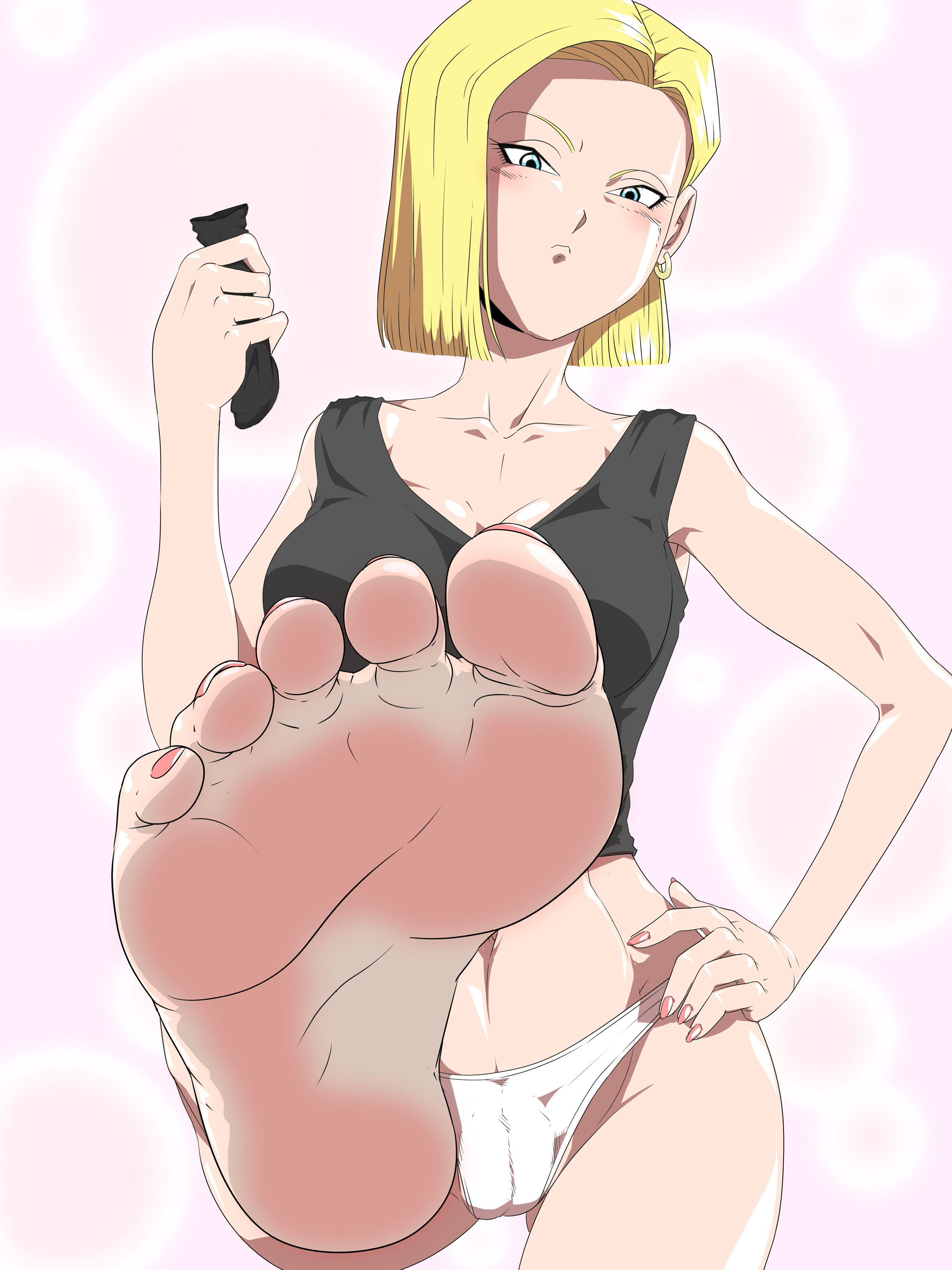1girls, android 18, artist request, blonde hair, dragon ball, dragon ball z, earrings, female, female only, foot fetish, highres, panties, solo