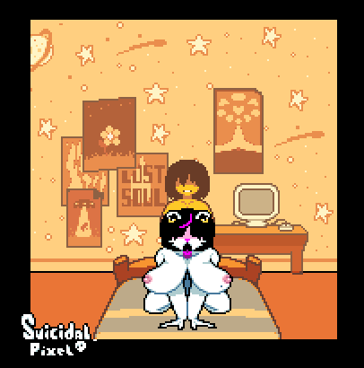1girls 1other 2d ambiguous_penetration animated bed bedroom big_thighs black_hair catti_(deltarune) deltarune doggy_style from_behind furry furry_with_non-furry human human_on_anthro kris_(deltarune) large_breasts pixel_art sex suicidalpixel tongue_out