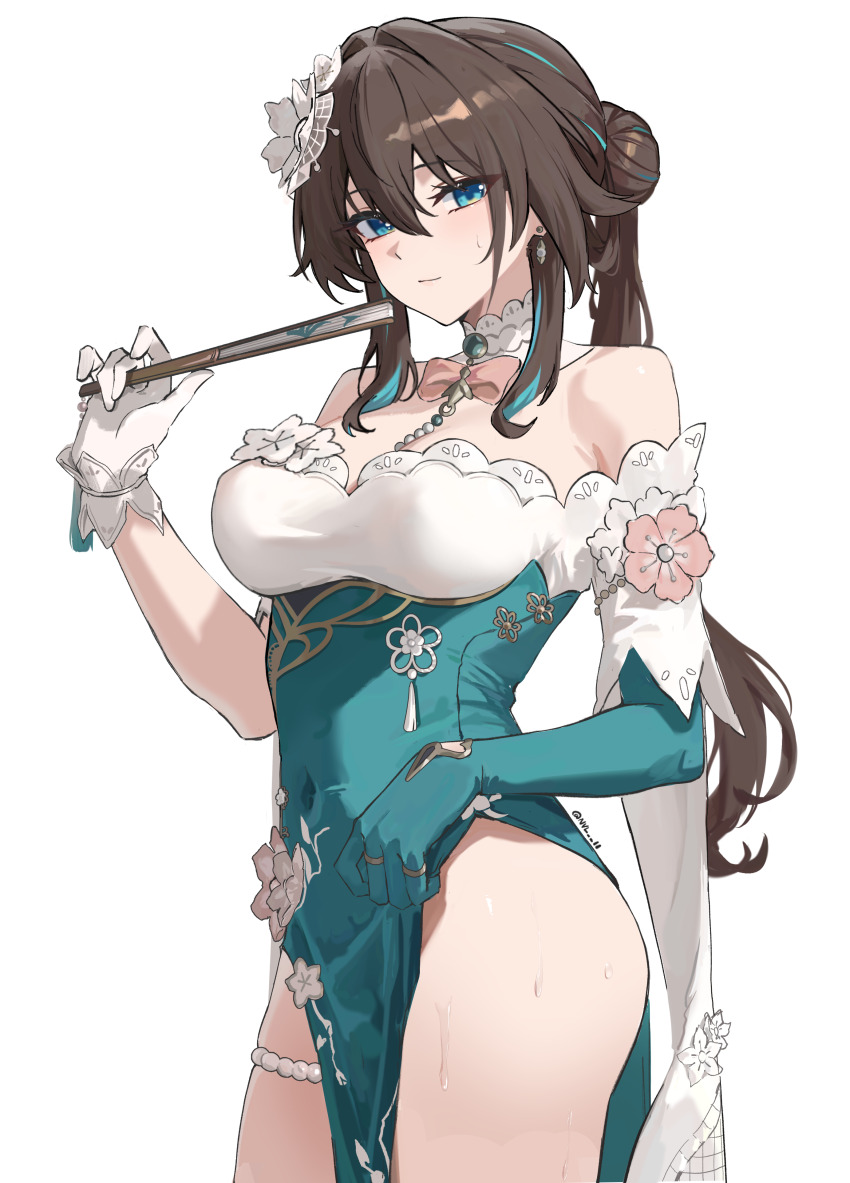 absurdres, aqua dress, aqua eyes, aqua gloves, ass, asymmetrical gloves, bare shoulders, big ass, big breasts, breasts, brown hair, chinese clothes, cleavage, closed mouth, commentary, covered navel, cowboy shot, dress, earrings, elbow gloves, female, female only, folded fan, folding fan, gloves, hair between eyes, hair intakes, hair ornament, hand fan, highres, hips, hips wider than shoulders, holding, holding fan, honkai (series), honkai: star rail, huge ass, huge breasts, jewelry, long hair, looking at viewer, medium breasts, mismatched gloves, mommy, multicolored hair, nvl, official alternate costume, pelvic curtain, ruan mei (honkai: star rail), ruan mei (plumblossom letter) (honkai: star rail), simple background, single elbow glove, smile, solo, streaked hair, sweat, thick ass, thighlet, thighs, twitter username, white background, white gloves