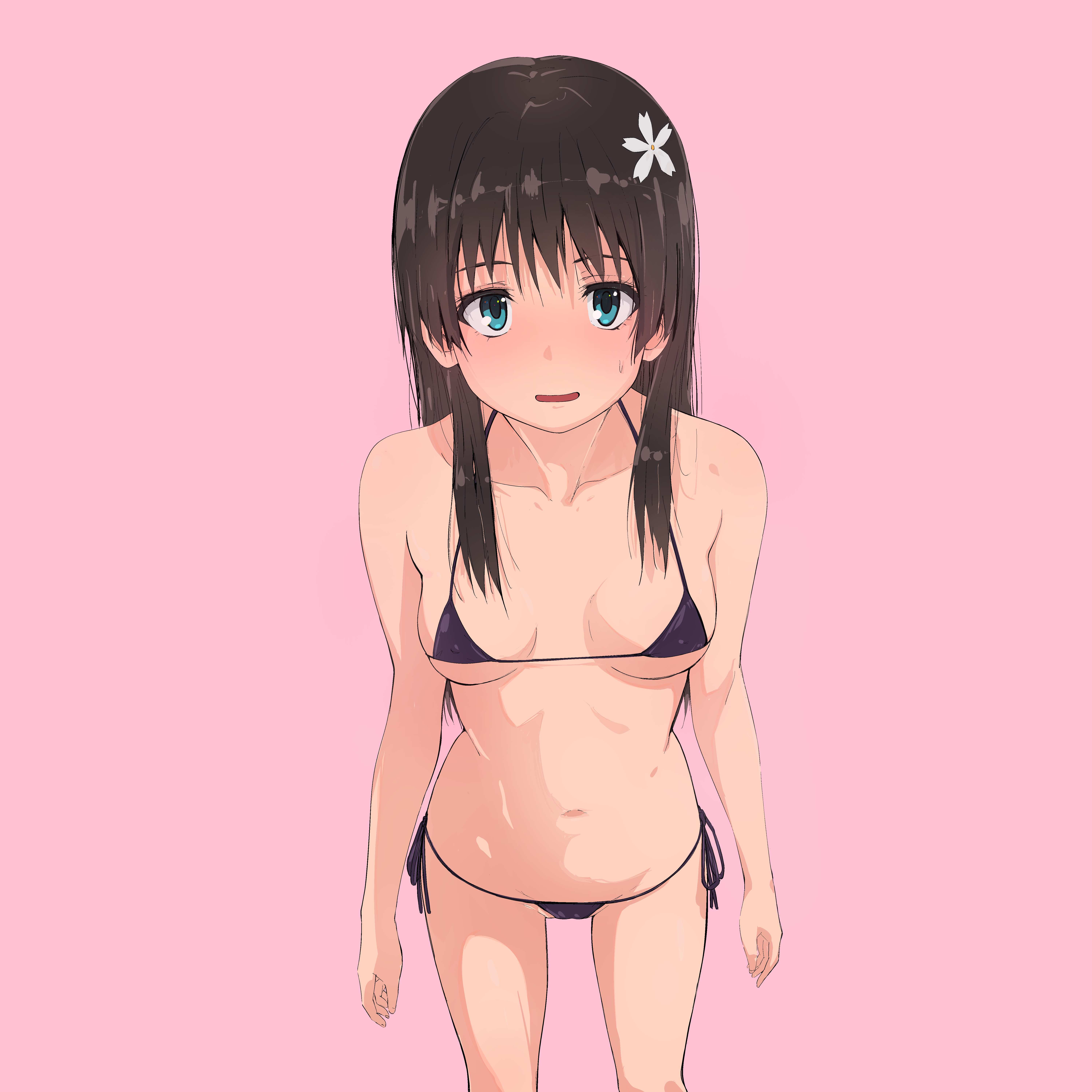 1girls, 2d, 2d (artwork), 2d artwork, absurd res, absurd resolution, absurdres, bare arms, bare belly, bare chest, bare hands, bare hips, bare legs, bare midriff, bare navel, bare shoulders, bare skin, bare thighs, belly, belly button, bikini, bikini bottom, bikini only, bikini top, black bikini, black bikini bottom, black bikini top, black hair, black micro bikini, black string bikini, black swimsuit, black swimwear, black-haired female, blue eyes, blue-eyed female, breasts, breasts apart, collarbone, digital, digital art, digital drawing, digital drawing (artwork), digital media, digital media (artwork), drawing, exposed arms, exposed belly, exposed chest, exposed hips, exposed legs, exposed midriff, exposed navel, exposed shoulders, exposed skin, exposed thighs, female, female focus, female only, fingers, flower, flower hair ornament, flower in hair, flower on head, from above, groin, hair ornament, halterneck, high resolution, high school student, highres, inguinal crease, inguinal ligament, lean figure, long hair, looking at viewer, looking up, looking up at viewer, micro bikini, midriff, musaki (msaki666), narrow waist, navel, nervous, nervous expression, nervous face, nervous female, nervous smile, nipple bulge, partially exposed vulva, partially visible vulva, petite, petite body, petite breasts, petite female, petite girl, petite tits, pink background, saten ruiko, school girl, schoolgirl, shoulders, shy, shy expression, shy female, shy girl, shy smile, side-tie bikini, simple background, slender body, slender waist, slim female, slim waist, small breast, small breasts, solo, standing, string bikini, swimsuit, swimwear, teen girl, teenage female, teenage girl, teenager, thigh gap, thighs, thong bikini, tiny breasts, to aru kagaku no railgun, upper body, young female, young woman