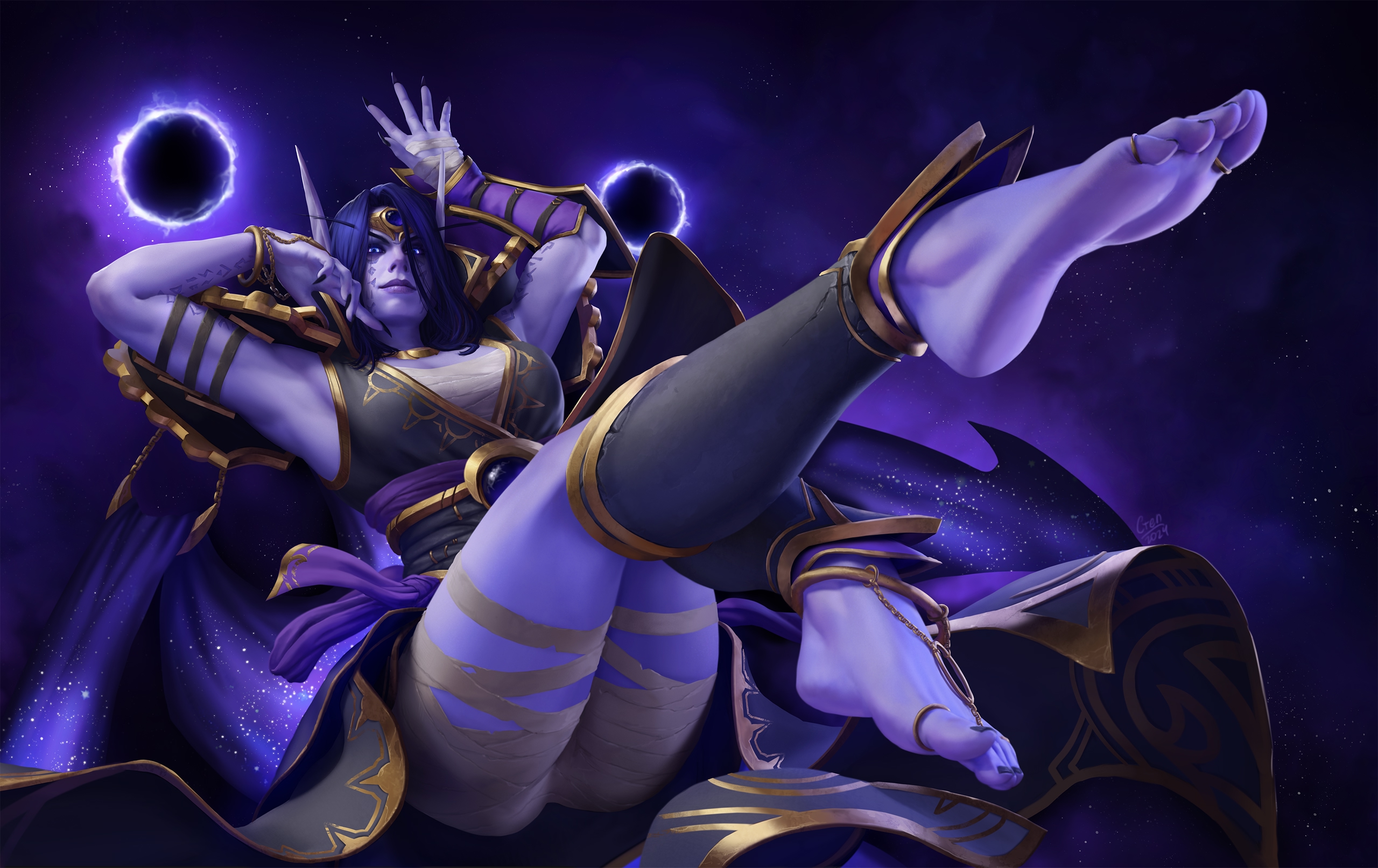 1girls, ass focus, barefoot, big breasts, blizzard entertainment, elf, elf ears, elf female, elf girl, feet, feet focus, female only, krestotheartist, looking at viewer, purple body, sexy body, sexy pose, thick thighs, thighs, toe ring, void corruption (warcraft), void elf, world of warcraft, wow, xal'atath