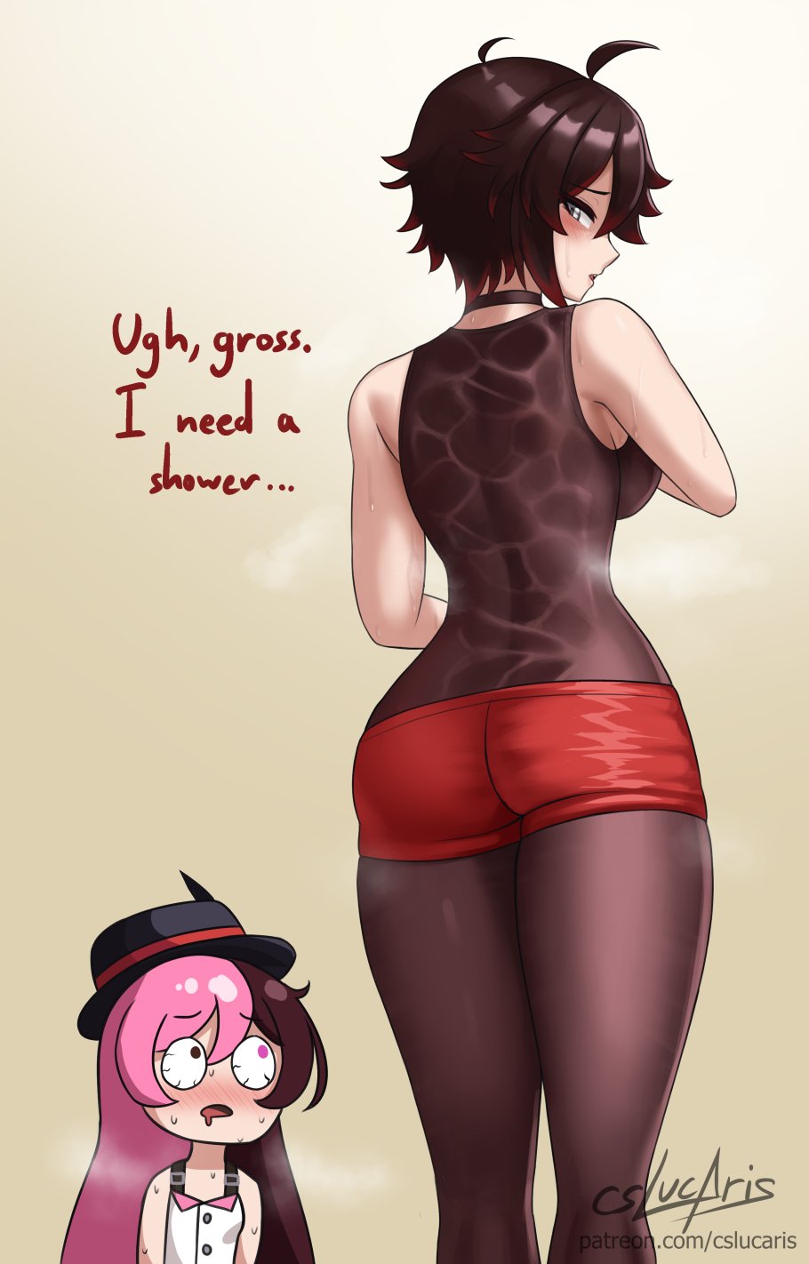 2girls, back view, black hair, black hair female, cslucaris, female, female only, heterochromia, light-skinned female, looking at another, looking back, multicolored hair, neo (rwby), rooster teeth, ruby rose, rwby, short hair, short hair female, steam, sweat, sweaty body, sweaty clothes, top hat, viz media, wet clothes