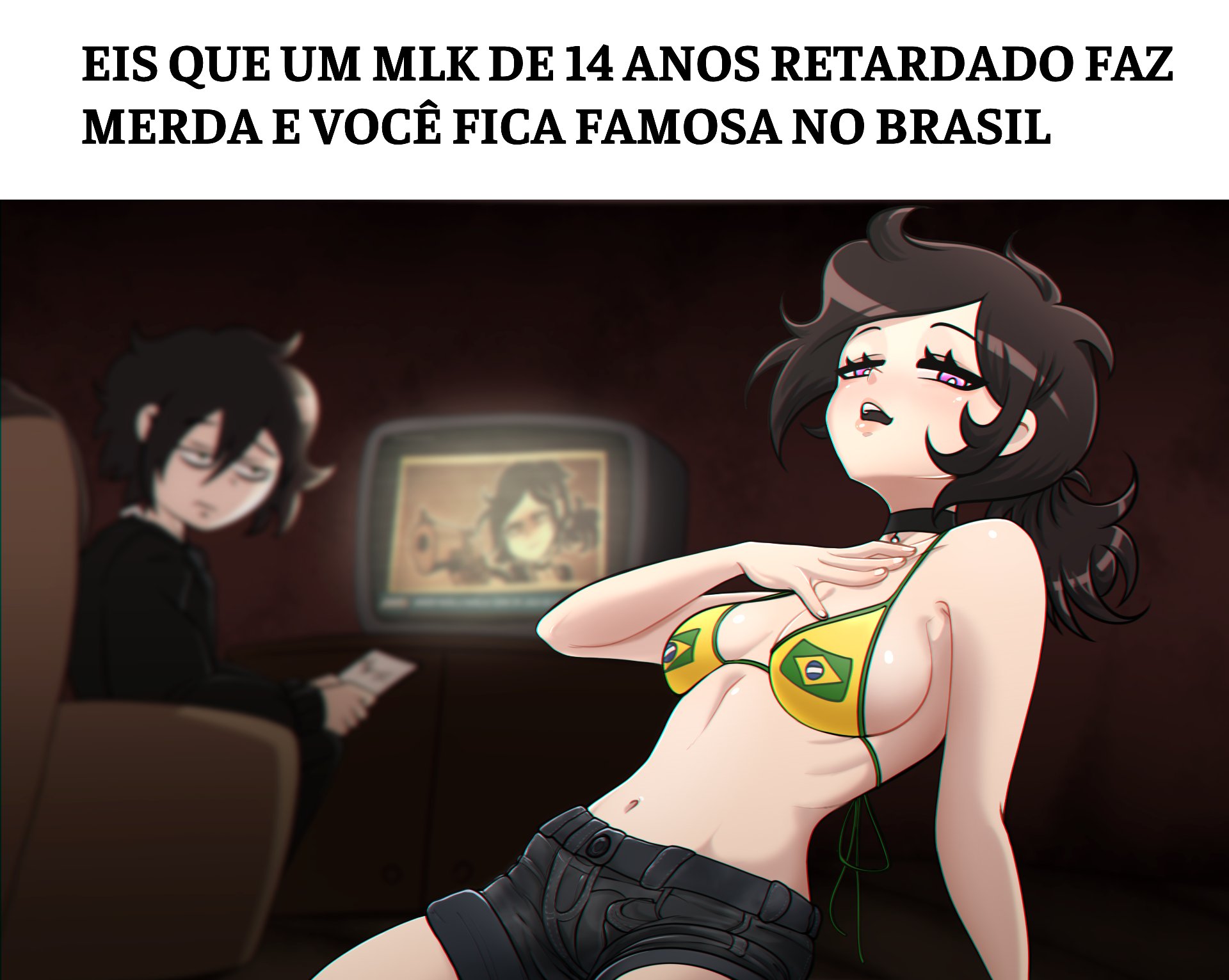 1boy, 1girls, 2d, 2d (artwork), andrew graves, aobacarry, ashley graves, bikini, bikini top, black hair, black-haired female, brainrot, brazilian, brazilian female, brazilian flag, brazilian flag bikini, breasts, choker, dialogue, female, flat belly, meme, pink eyes, ponytail, seductive, seductive look, sex, shorts, text, the coffin of andy and leyley, younger female