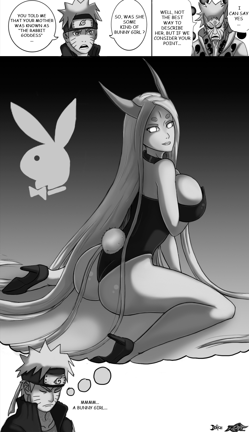 1girls 2boys ass black_and_white breasts bunny_girl bunnysuit choker clothed dialogue english_text female female_focus goddess heels high_heels horns huge_breasts imagining kneeling large_breasts lipstick long_hair looking_at_viewer looking_back male naruto naruto_shippuden oddrich otsutsuki_hagoromo otsutsuki_kaguya playboy playboy_bunny reit sideboob smile strapless_dress text thought_bubble uzumaki_naruto very_long_hair