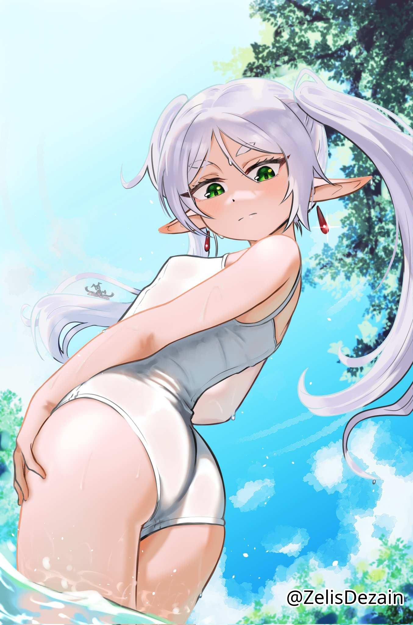1girls 2d 2d_(artwork) 2d_artwork adult adult_female ass ass_cleavage ass_crack bikini blank_expression blank_eyes blank_stare blue_sky bored bored_expression breasts clouds day daylight daytime digital digital_art digital_drawing digital_drawing_(artwork) digital_media digital_media_(artwork) drawing earrings elbows elf elf_ear elf_ears elf_female elf_girl emotionless eyebrows_visible_through_hair female female_focus female_only fingers frieren from_beloe gilf grandma granny green-eyed_female green_eyes hand_on_leg hand_on_own_leg hand_on_own_thigh hand_on_thigh head_tilt high_resolution highres lean_figure legs_closed legs_together long_hair looking_at_viewer looking_down looking_down_at_viewer mature mature_female narrow_waist neutral_expression nipple_bulge old_female one-piece_swimsuit outdoor outdoors outside parted_bangs partially_submerged partially_submerged_legs petite petite_body petite_breasts petite_female petite_girl petite_tits pointy_ears posing posing_for_the_viewer shoulders sky slender_body slender_waist slim_female slim_waist small_breast small_breasts solo sousou_no_frieren standing submerged_feet submerged_legs swimsuit swimwear thick_ass thick_butt thick_thighs thighs thighs_together tilted_head tiny_breasts upper_body white-haired_female white_bikini white_hair white_one-piece_swimsuit white_swimsuit white_swimwear wide_hips zelisdezain