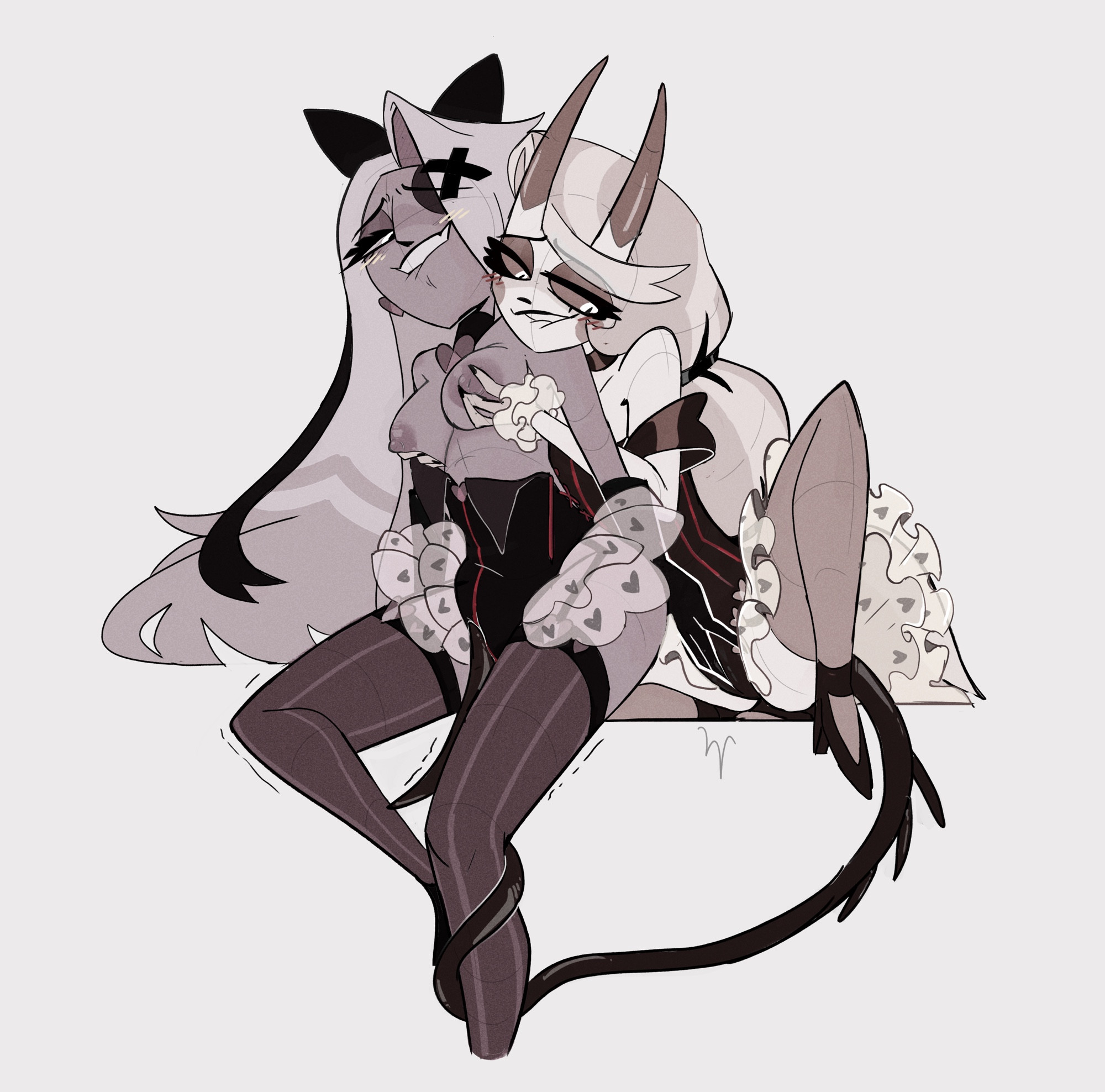 2girls, big breasts, biting lip, blush, blushing, breasts, charlie morningstar (hazbin hotel), craxkers, dark skin, dark-skinned female, demon, demon girl, demon tail, grabbing, grabbing breasts, grabbing from behind, grey background, hazbin hotel, horns, legs, light skin, light-skinned female, lip biting, long hair, looking at another, looking down, nipples, rubbing, rubbing pussy, simple background, tail, thick thighs, thighs, through clothes, vaggie (hazbin hotel), yuri