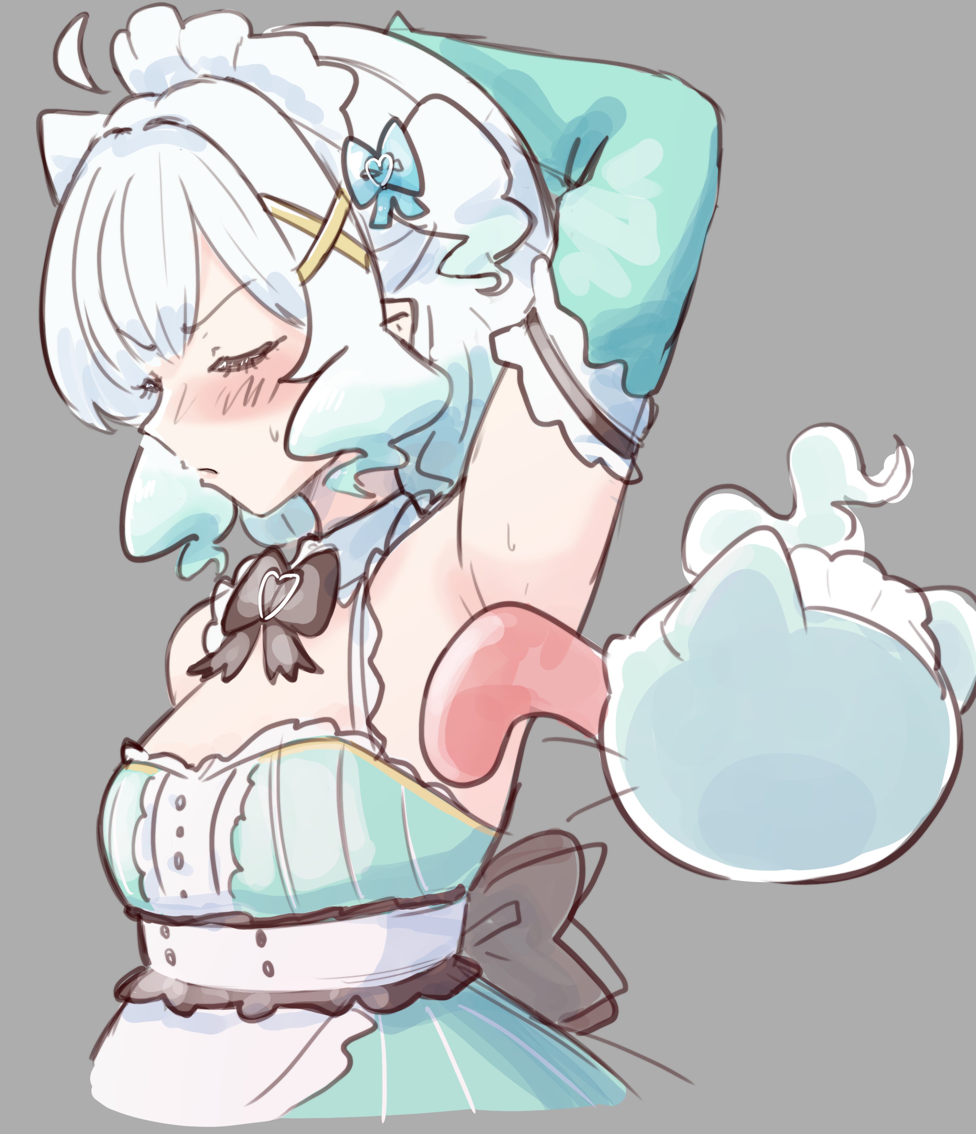 1girls, absurdres, ahoge, apron, arm behind head, arm up, armpit fetish, armpit focus, armpits, bakushin o armpit gif (meme), blush, bow, bowtie, closed eyes, closed mouth, commentary, densetsu.exe, detached collar, detached sleeves, dress, female, from side, green dress, grey background, hairbow, highres, indie virtual youtuber, licking, licking armpit, maid, maid apron, maid headdress, maid mint, mat (matdesenheiro), meme, mint fantome, mint fantome (minto 2.0), multicolored hair, presenting armpit, short hair, small breasts, streaked hair, untranslatable commentary, upper body, virtual youtuber, vtuber, wisps (mint fantome)