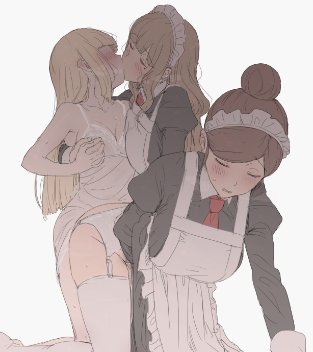 1futa 2girls all_fours blonde_hair brown_hair brown_hair_maid_(mdf_an) closed_eyes female futa_on_female futa_with_female futanari futanari-sama_(mdf_an) hair_bun hair_bun_maid_(mdf_an) implied_futanari kissing maid maid_headdress mdf_an multiple_girls original short_hair simple_background thighhighs white_background white_legwear