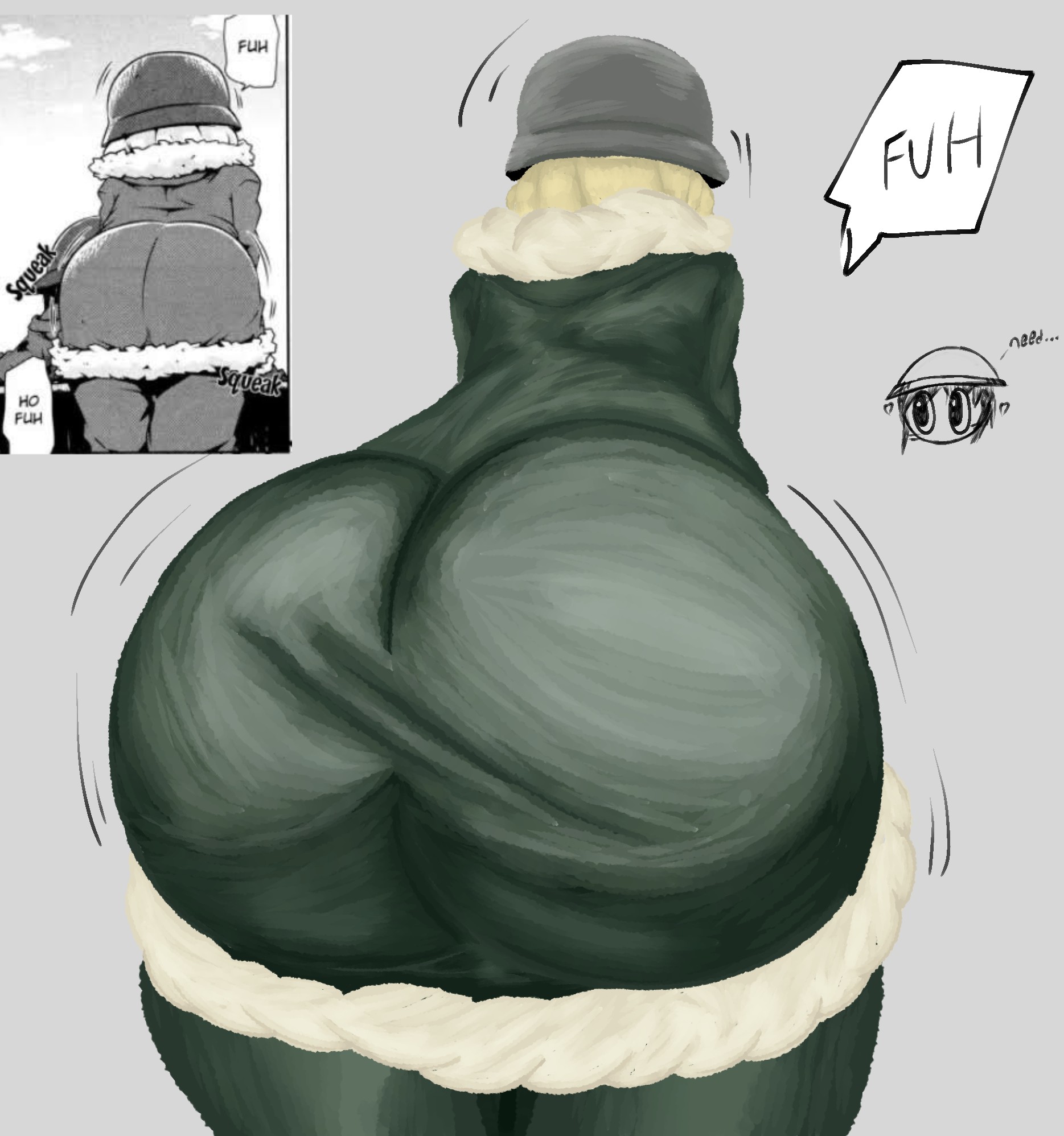 1girl, 1girls, 1human, 2d, 2d (artwork), anime, anime girl, ass, ass crack, ass crack outline, ass focus, back view, background, bending, bending forward, bending over, bent forward, bent over, big ass, big butt, blonde, blonde female, blonde hair, blonde hair female, blonde-haired female, bottom heavy, bottom heavy female, butt, butt crack, butt crack outline, butt focus, chito (shoujo shuumatsu ryokou), clothed, clothed female, color, dialog, dialogue, dialogue bubble, english, english text, female, female ass, female ass focus, female butt, female focus, female only, fully clothed, fully clothed female, girl ass, girls' last tour, gray background, grey background, hat, headwear, hips, human, human female, human only, large ass, large butt, legs, motion lines, onomatopoeia, rear view, reference image, shoujo shuumatsu ryokou, simple background, solid color background, solo, solo female, solo focus, speech bubble, text, text bubble, vireltsuki, yuuri (shoujo shuumatsu ryokou)