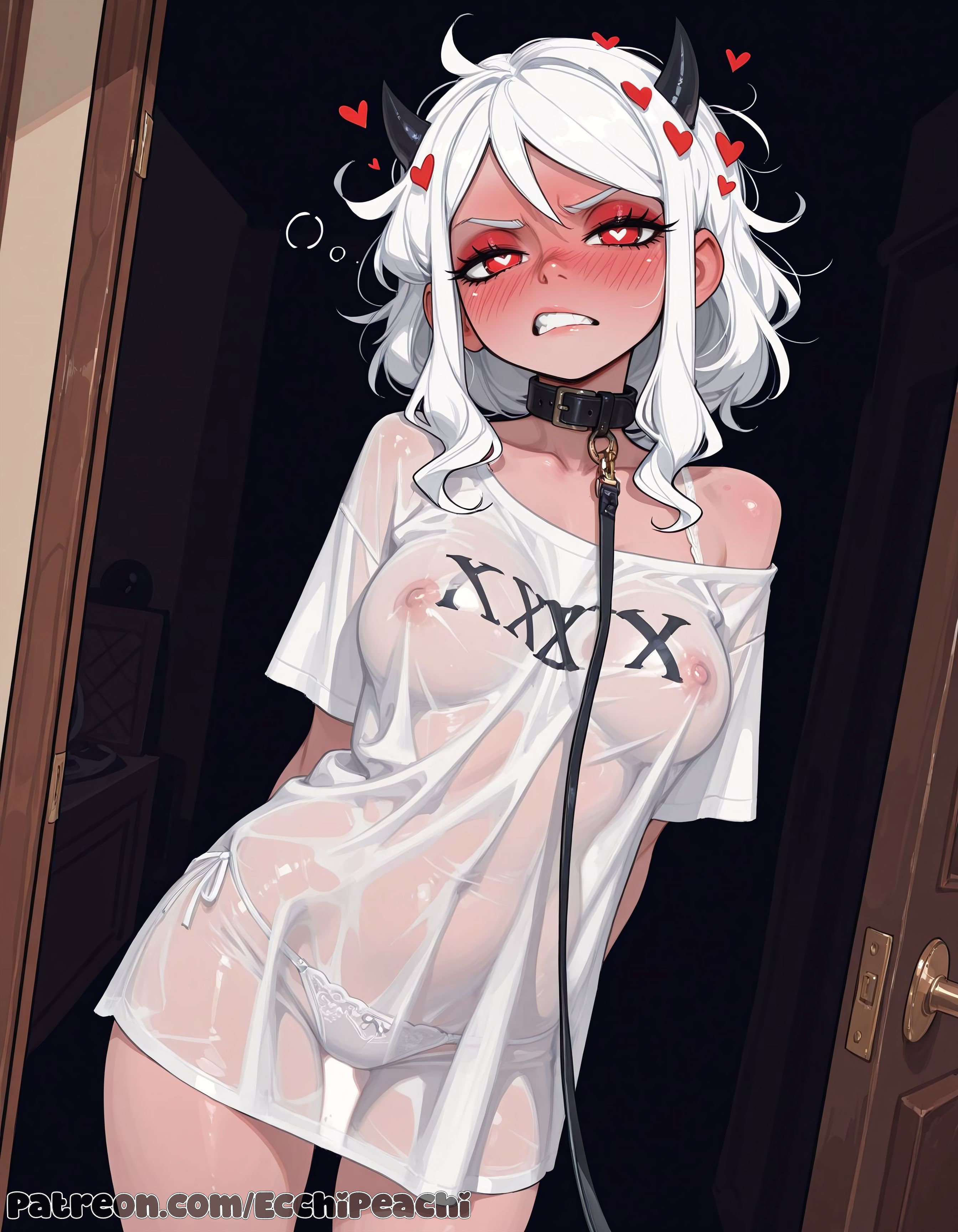 1girls, ai generated, ass, belly, big breasts, big butt, breasts, cartoon, cleft of venus, cute, ecchipeachi, female, female only, hair, helltaker, hi res, huge breasts, large breasts, long hair, looking at viewer, modeus (helltaker), nipples, nude, pussy, sexy, shiny, shiny skin, thick thighs, thighs, toon, white hair