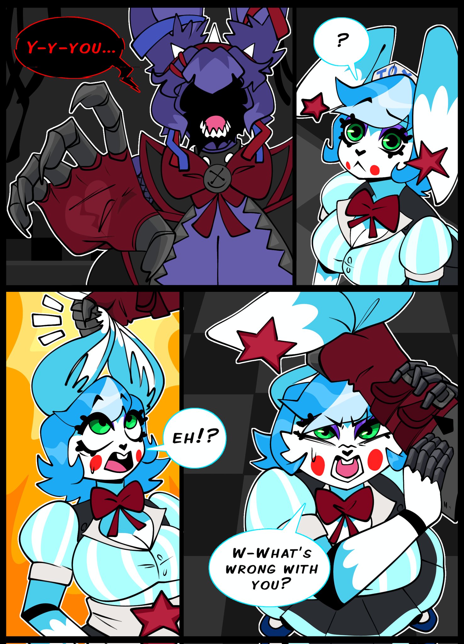 2girls, blue hair, breasts, broken, bunny ears, bunny girl, clothed, clothing, comic, english text, five nights at freddy's, five nights at freddy's 2, gallo wazavi, genderswap (mtf), green eyes, looking up, purple hair, robot, robot girl, rule 63, sharp teeth, short hair, size difference, text bubble, toy bonnie (fnaf), withered bonnie