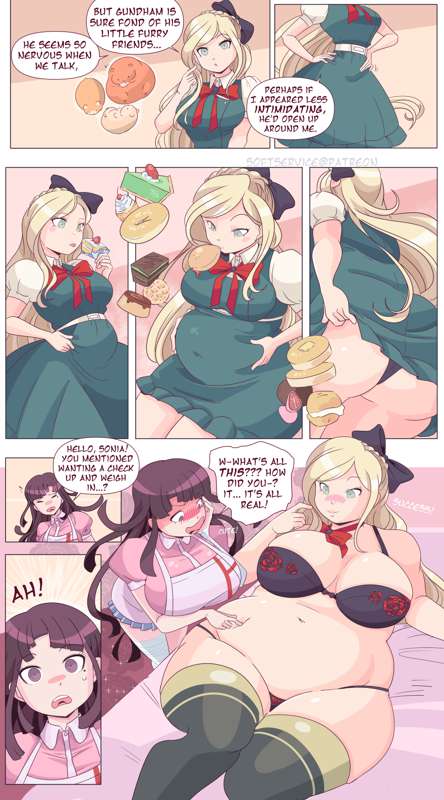 2girls bbw belly belly_button belly_poke big_belly big_breasts danganronpa danganronpa_2:_goodbye_despair eating fat fat_ass poking_belly sonia_nevermind thick_thighs tight_clothing tsumiki_mikan wardrobe_malfunction weight_gain