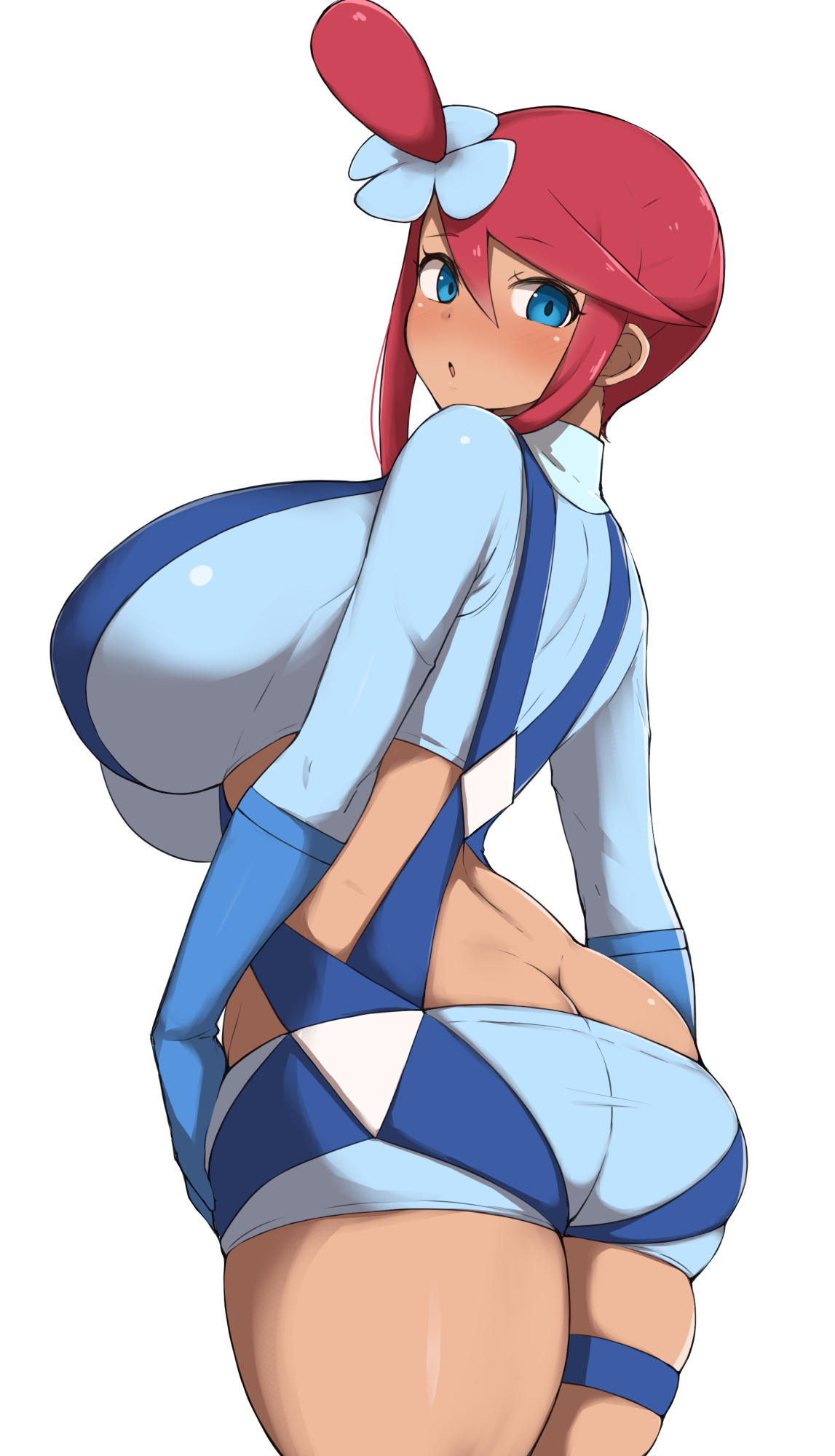 1girls, ass, ass crack, blue eyes, blue shirt, blush, breasts, butt crack, commentary, creatures (company), female, female only, game freak, highres, huge breasts, latina, long hair, long sleeves, looking at viewer, looking back, nintendo, open mouth, pokemon, pokemon bw, red hair, shirt, short shorts, shorts, sidelocks, simple background, skyla (pokemon), solo, standing, symbol-only commentary, white background, y shaped butt crack, yamaori