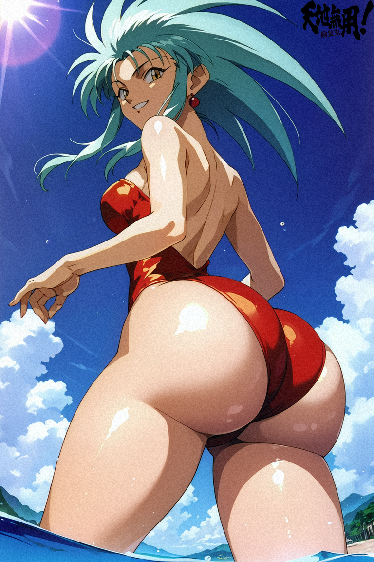 ai_generated ass ass_focus beach big_butt blue_hair blue_sky booty breasts cloud cranpeach day earrings female from_behind huge_ass jewelry long_hair looking_at_viewer looking_back ocean one-piece_swimsuit outdoors red_one-piece_swimsuit ryoko_hakubi shiny shiny_skin sky smile solo spiked_hair strapless strapless_swimsuit sun swimsuit tenchi_muyo! thick_ass thighs wading water yellow_eyes