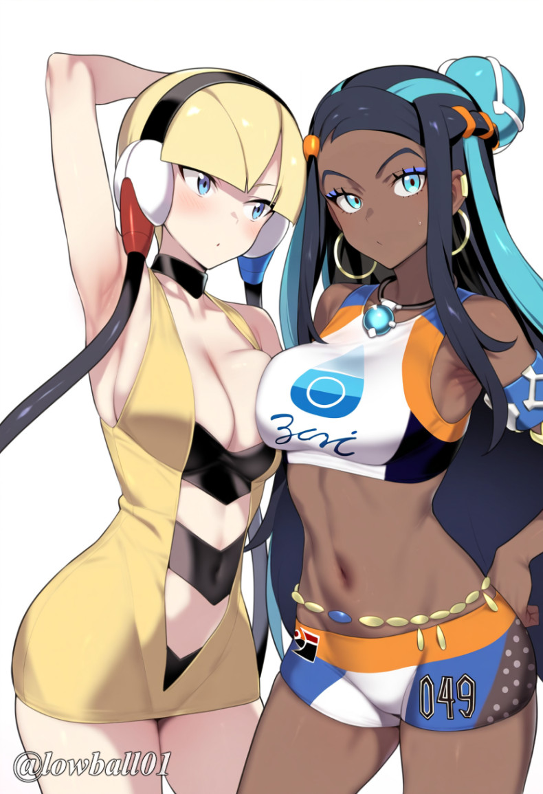 black_hair blonde_hair blue_eyes blue_hair choker cleavage dark-skinned_female dark_hair dark_skin earrings elesa_(pokemon) hair hair_ornament human_characters_in_pokémon looking_at_another looking_up lowball01 micro_skirt microdress midriff minidress miniskirt navel necklace nessa_(pokemon) piercing pokemon pokemon_bw pokemon_ss shorts sideboob sidelocks sweat sweatdrop