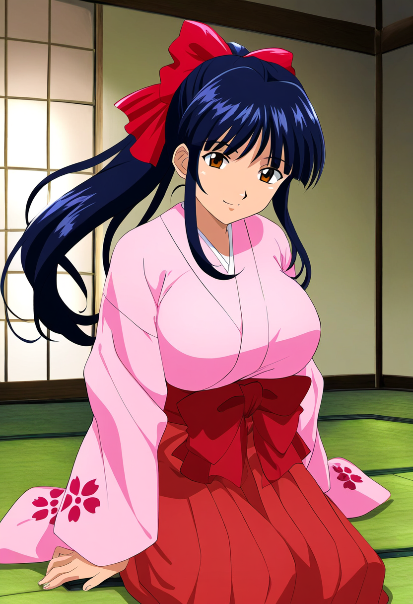 1girls ai_generated arm_support big_breasts blue_hair bow breasts brown_eyes busty female female_only half-closed_eyes highres japanese_clothes large_breasts legs long_hair long_skirt looking_at_viewer ponytail sakura_shinguji sakura_wars sega sitting skirt smile solo thighs voluptuous